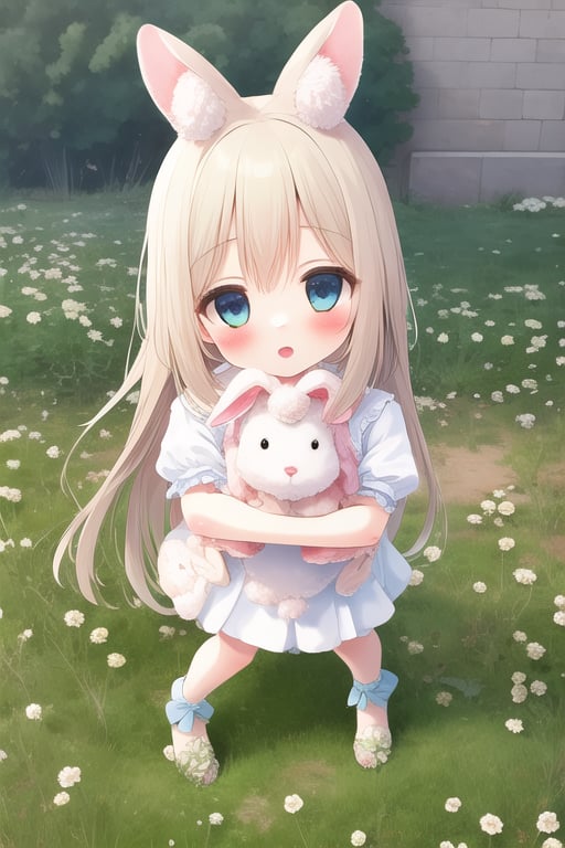 (masterpiece), (best quality), (extremely detailed), (1girl), solo, (pretty cute girl), looking at viewer, slender, evenly sized eyes, extremely detailed eyes, alice in wonderland, hugging angora rabbit, bluewish, full body, outdoors, clover meadow, extremely detailed wallpaper, (parfect detail features), 8k, UHD, clover,