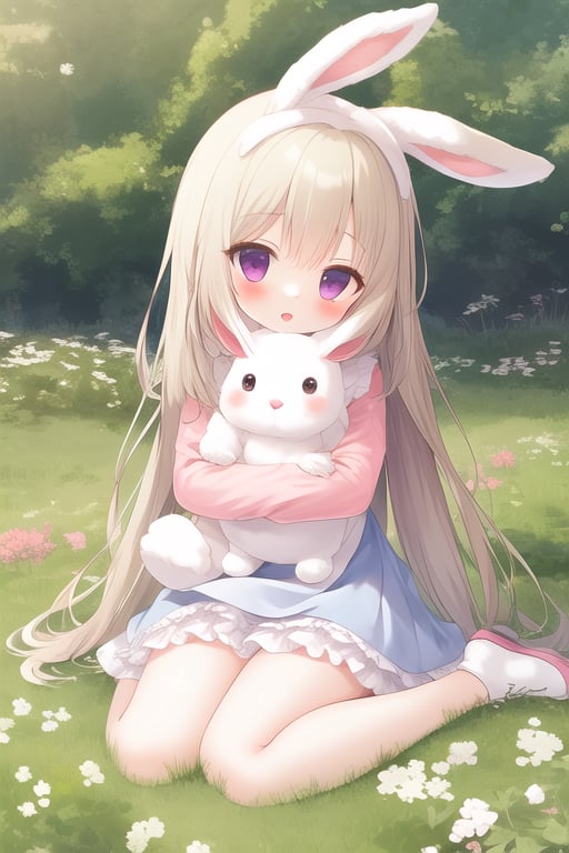 (masterpiece), (best quality), (extremely detailed), (1girl), solo, (pretty cute girl), looking at viewer, slender, evenly sized eyes, extremely detailed eyes, alice in wonderland, hugging angora rabbit, bluewish, full body, outdoors, clover meadow, extremely detailed wallpaper, (parfect detail features), 8k, UHD, clover,