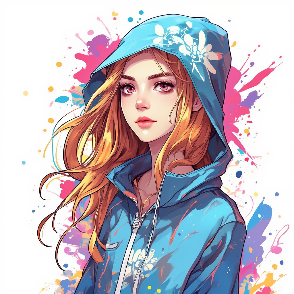 japanese cool anime,1girl,long blonde hair, Colorful pop art, , brightly, Beautiful purple Eyes, light blue hood with white flower logo, maximalism designemo, dal-6 style, Color Splash,upper body,white background,niji,midjourney