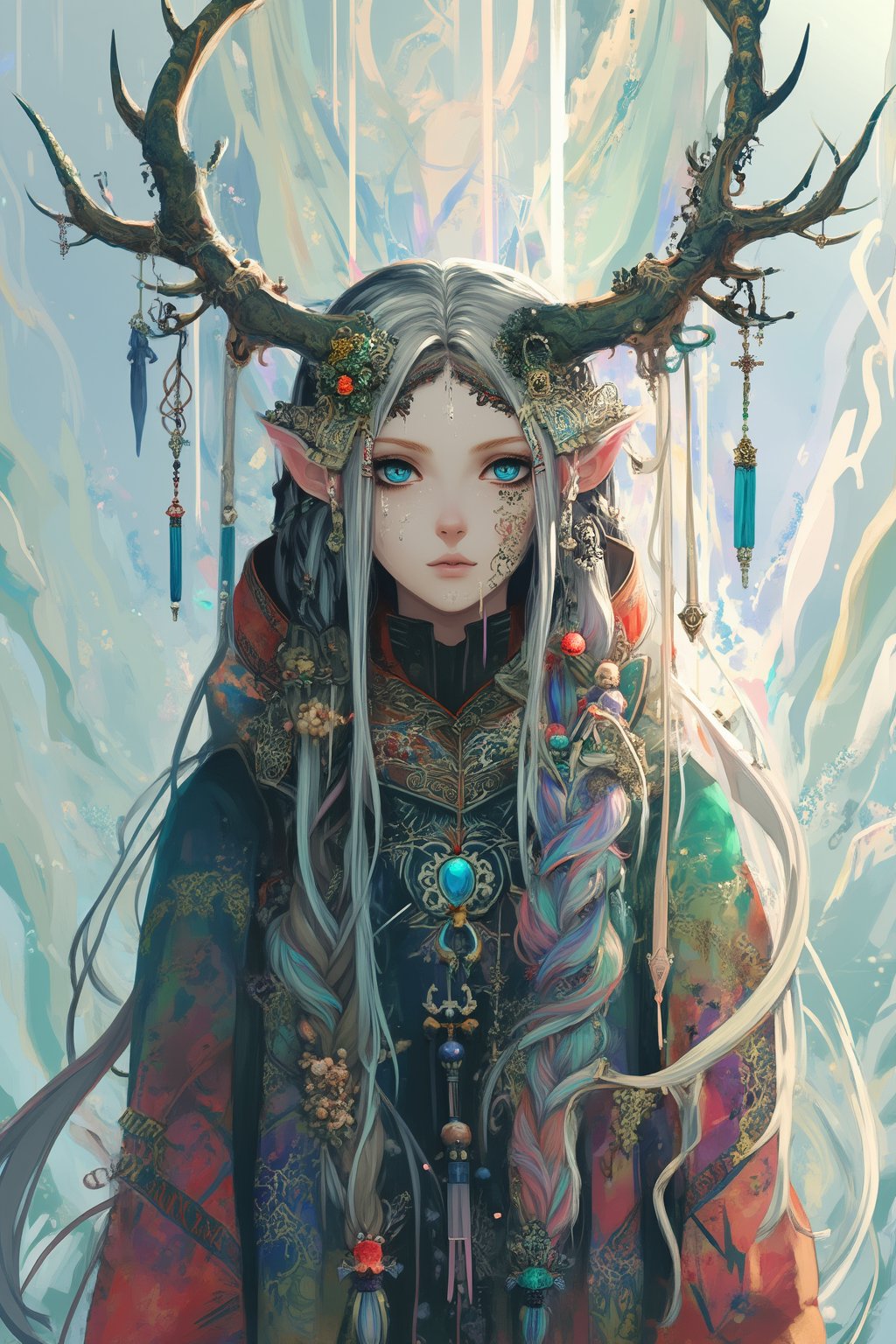 albino demon girl, (Long deer horn: 1.2) ,A shaman with deer antlers,(many ornaments hanging from the horn),crazy alternate hairstyle, amazingly intricately hair,colorful color hair, each braid painstakingly created,decorated with delicate accessories and beads,aesthetic,Beautiful Blue eyes, ,Rainbow haired girl ,dal-1, art nouveau,emo,1girl,Anime Style,ek_an1_b00ster,midjourney