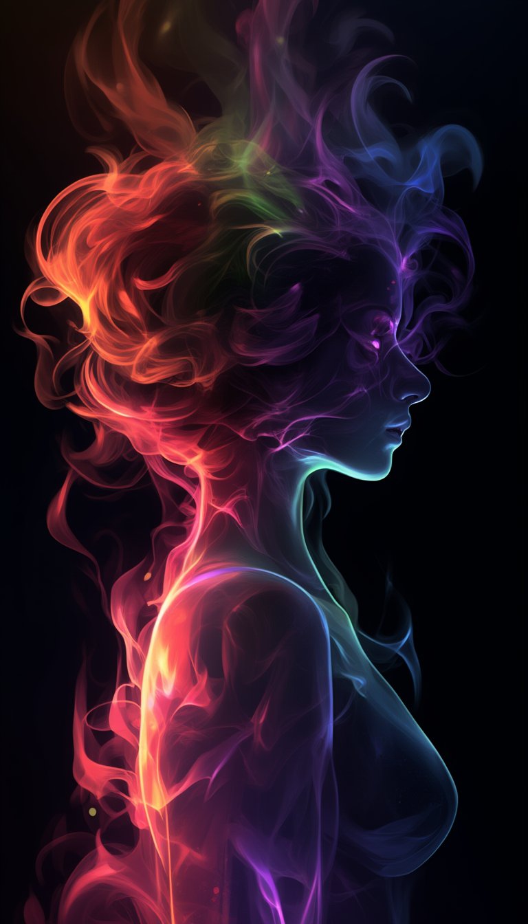 Create a beautiful woman's outline in colored smoke on a black background. Vivid fantasy style, rainbow spectrum, full color, color field, dim color, bright fun color, dissolve, niji style, (photorealistic: 1.4),midjourney