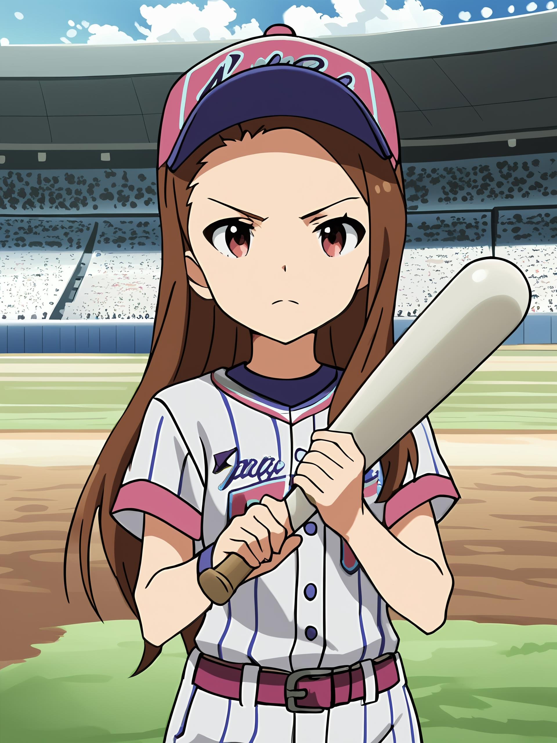 score_9, score_8_up, score_7_up, source_anime,anime screencap,anime coloring, official style, on a baseball field,<lora:Iori_Minase_The_iDOLMSTER_2011_anime_style:1>Iori Minase, brown hair, brown eyes, long hair, Baseball uniform, striped, belt, hat, short sleeves, serious look, girl holding a baseball bat,