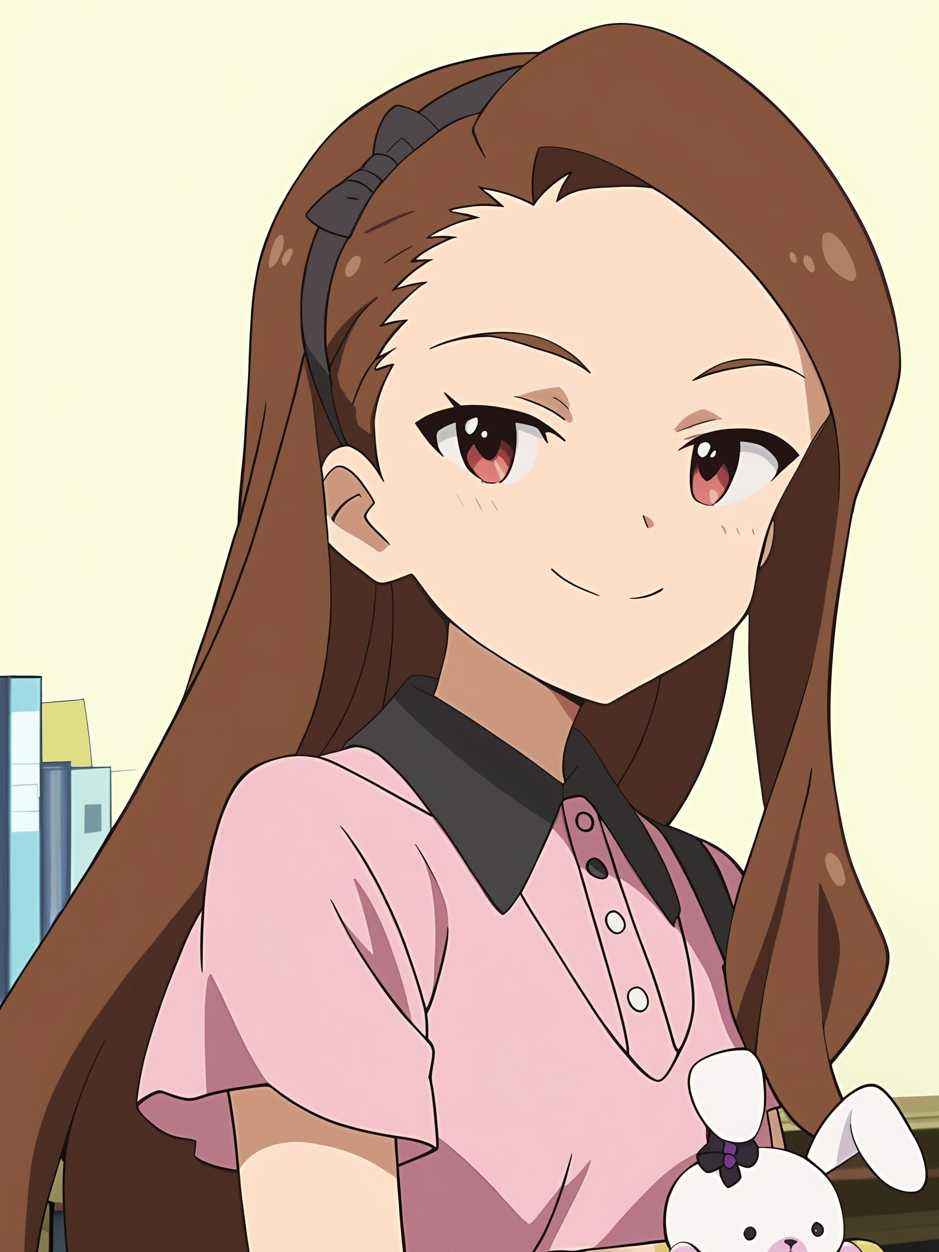 score_9, score_8_up, score_7_up, source_anime,anime screencap,anime coloring, official style, inside an office <lora:Iori_Minase_The_iDOLMSTER_2011_anime_style:1>Iori Minase, brown hair, brown eyes, long hair, Pink dress, short sleeves, black hairband, stuffed toy, smug smile, looking at the viewer