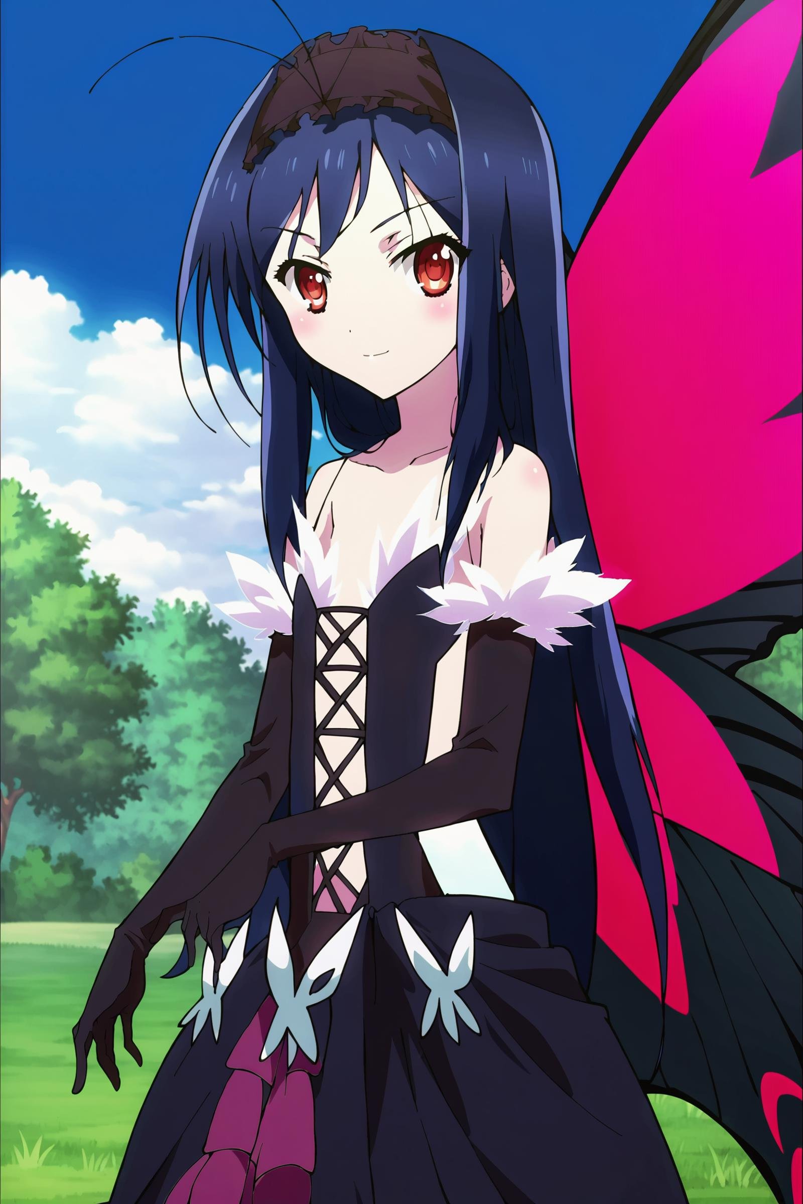 score_9, score_8_up, score_7_up, source_anime,anime screencap,anime coloring, official style, uncensored, outside, <lora:Kuroyukihime:1>1girl, solo, Kuroyukihime, Black hair, long hair, red eyes, antenna hair, small breasts, Brain Burst Avatar, gloves, elbow gloves, butterfly wings, bare shoulders, hairband, dress,looking at the viewer, smiling, cool pose,