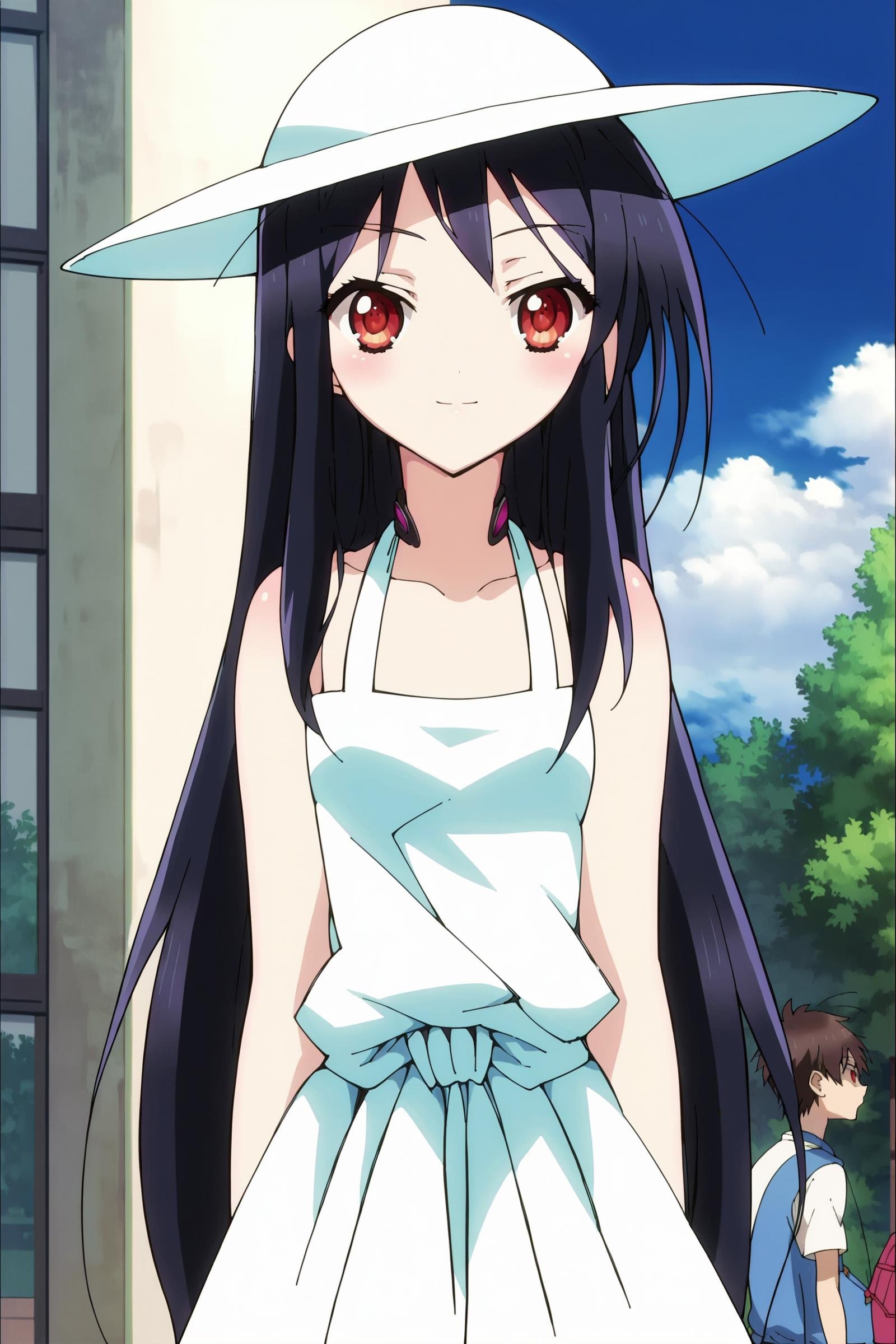 score_9, score_8_up, score_7_up, source_anime,anime screencap,anime coloring, official style, uncensored, outside, <lora:Kuroyukihime:1>1girl, solo, Kuroyukihime, Black hair, long hair, red eyes, antenna hair, small breasts, Sunhat,  dresslooking at the viewer, smiling,