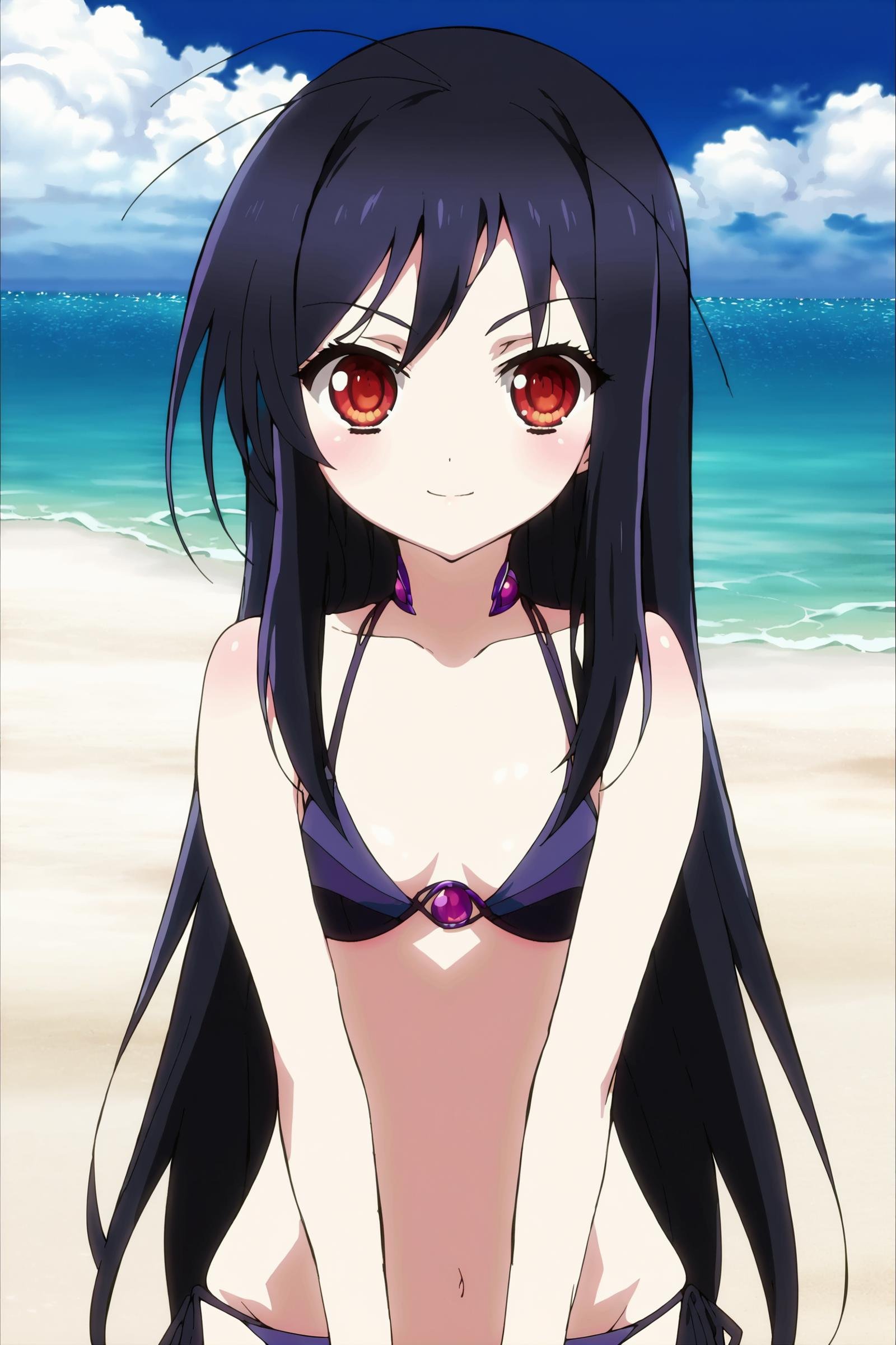 score_9, score_8_up, score_7_up, source_anime,anime screencap,anime coloring, official style, uncensored, outside, at the beach, <lora:Kuroyukihime:1>1girl, solo, Kuroyukihime, Black hair, long hair, red eyes, antenna hair, small breasts, Swimsuit, black bikini, side-tie black bikini bottom,looking at the viewer, smiling,