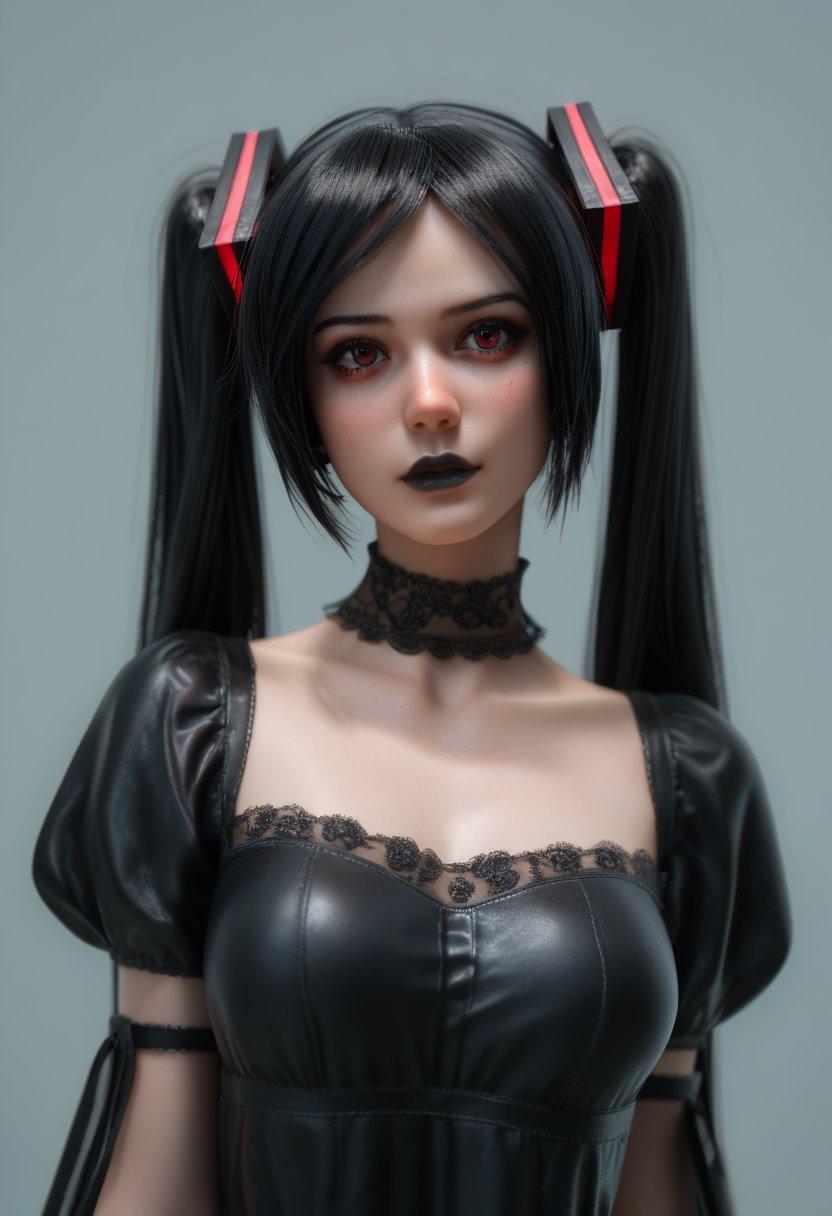 score_9, score_8_up, score_7_up, Goth girl, 1girl, hatsune miku, black lips, black hair, gothic dress, red eyes, gray background, closed mouth,  , , ,   , 