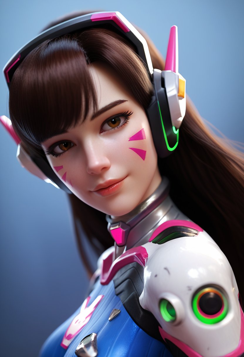 score_9, score_8_up, score_7_up, rating_safe, dark background 1 girl, solo, cute, (short:1.2), small body, (shortstack:1.1), d.va \(overwatch\), headshot portrait, side view, close-up, looking at viewer, bodysuit, (head tilt:1.2), white gloves, slight smile, headphones, dutch angle, v sign,