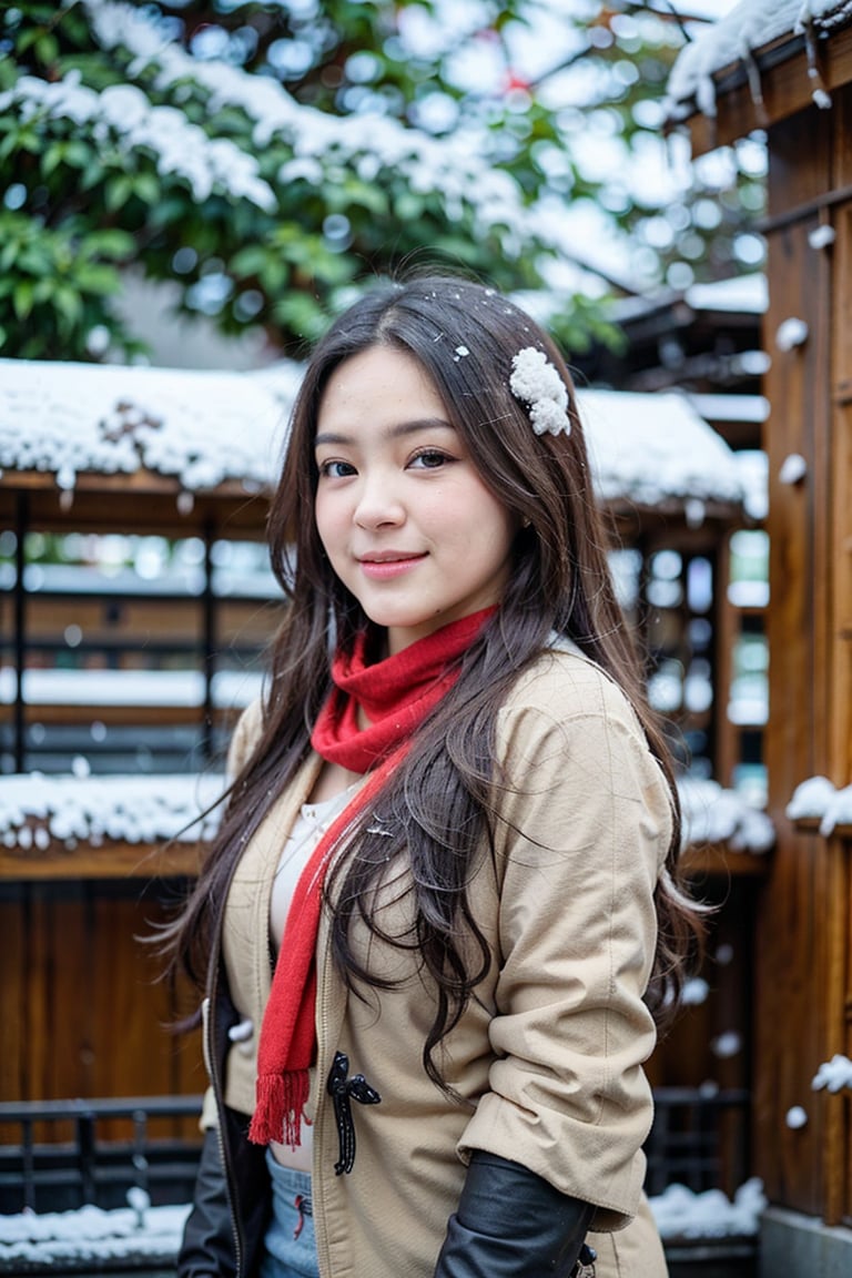 upper body,a young korea woman,cute,21 years old,staring into space,brown hair,brown eyes,red scarf,snowing,realistic,realistic skin texture, smile