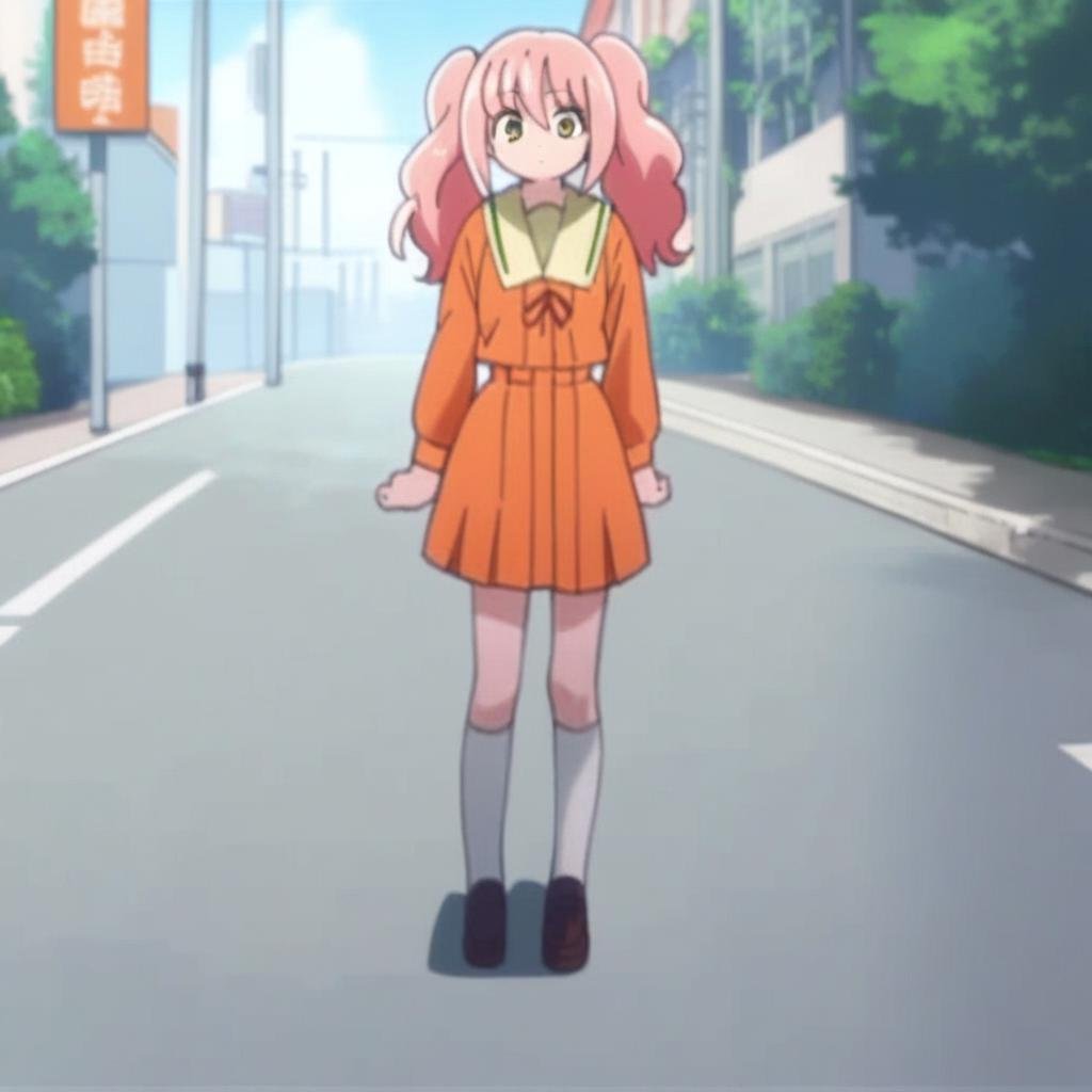 score_9, score_8_up, score7_up, source_anime, anime screenshot, highly detailed, hd ultra detail, 1girl, solo, cowboy shot, looking at viewer, complex background, outside, street, sidewalk, iono_tomonaga, pink hair, twintails, yellow eyes, bangs, long hair, school uniform, orange serafuku, skirt, white kneesocks, brown footwear,