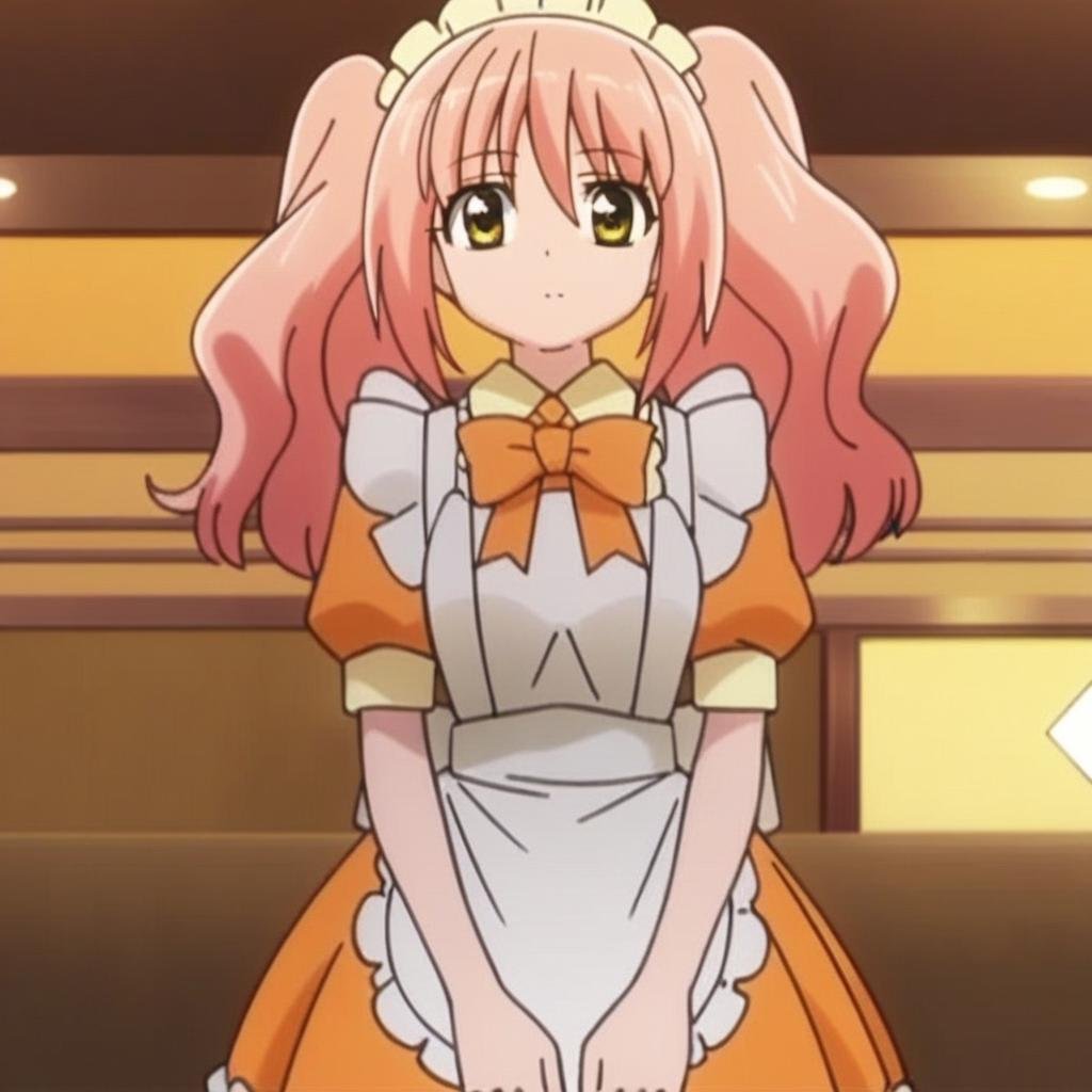 score_9, score_8_up, score7_up, source_anime, anime screenshot, highly detailed, hd ultra detail, 1girl, solo, cowboy shot, looking at viewer, complex background, family restaurant, iono_tomonaga, pink hair, twintails, yellow eyes, bangs, long hair, maid, orange maid uniform, apron, orange bow, frills, white kneesocks