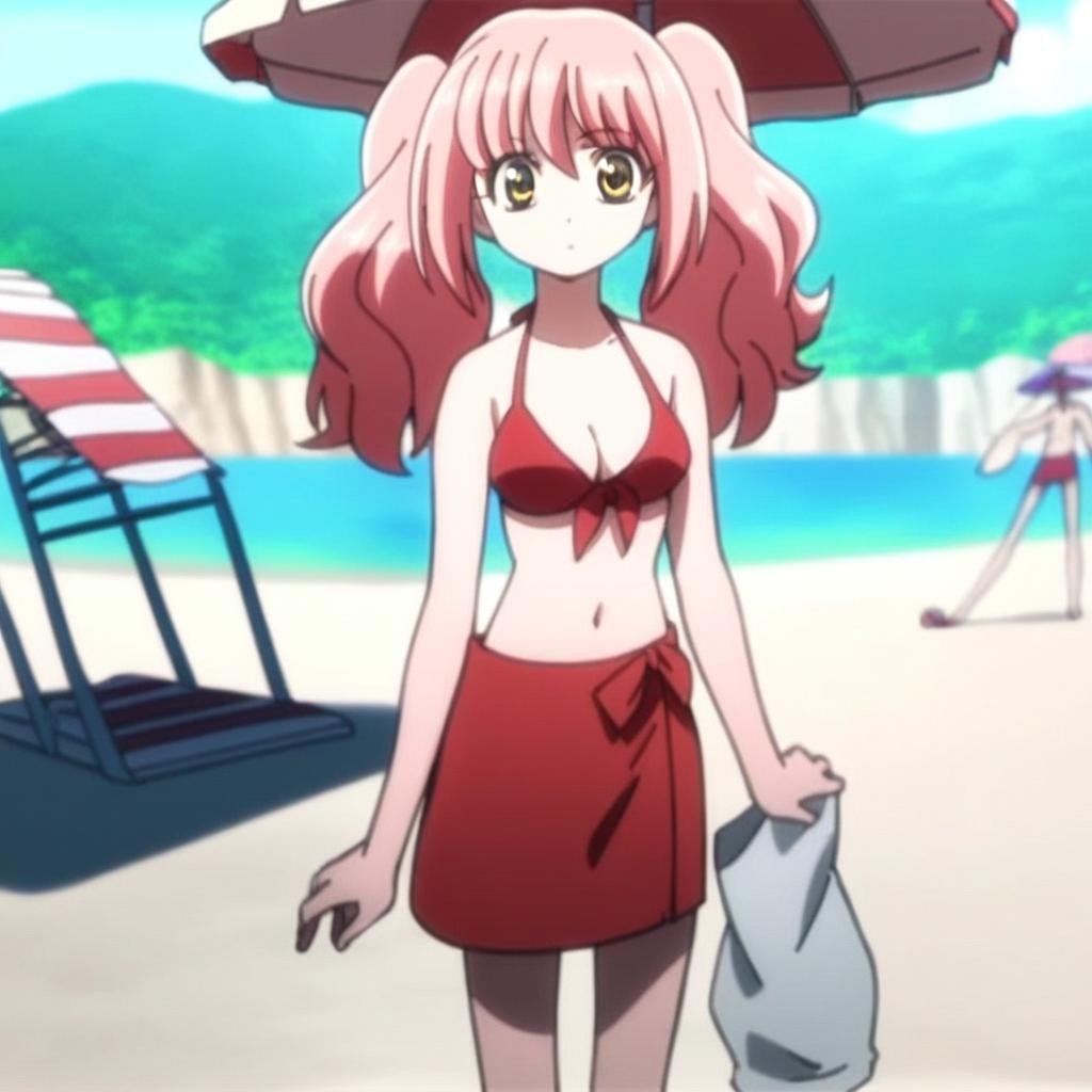 score_9, score_8_up, score7_up, source_anime, anime screenshot, highly detailed, hd ultra detail, 1girl, solo, cowboy shot, looking at viewer, complex background, beach, towels, parasols, iono_tomonaga, pink hair, twintails, yellow eyes, bangs, long hair, red bikini, cleavage, medium breasts, bellybutton, sandals