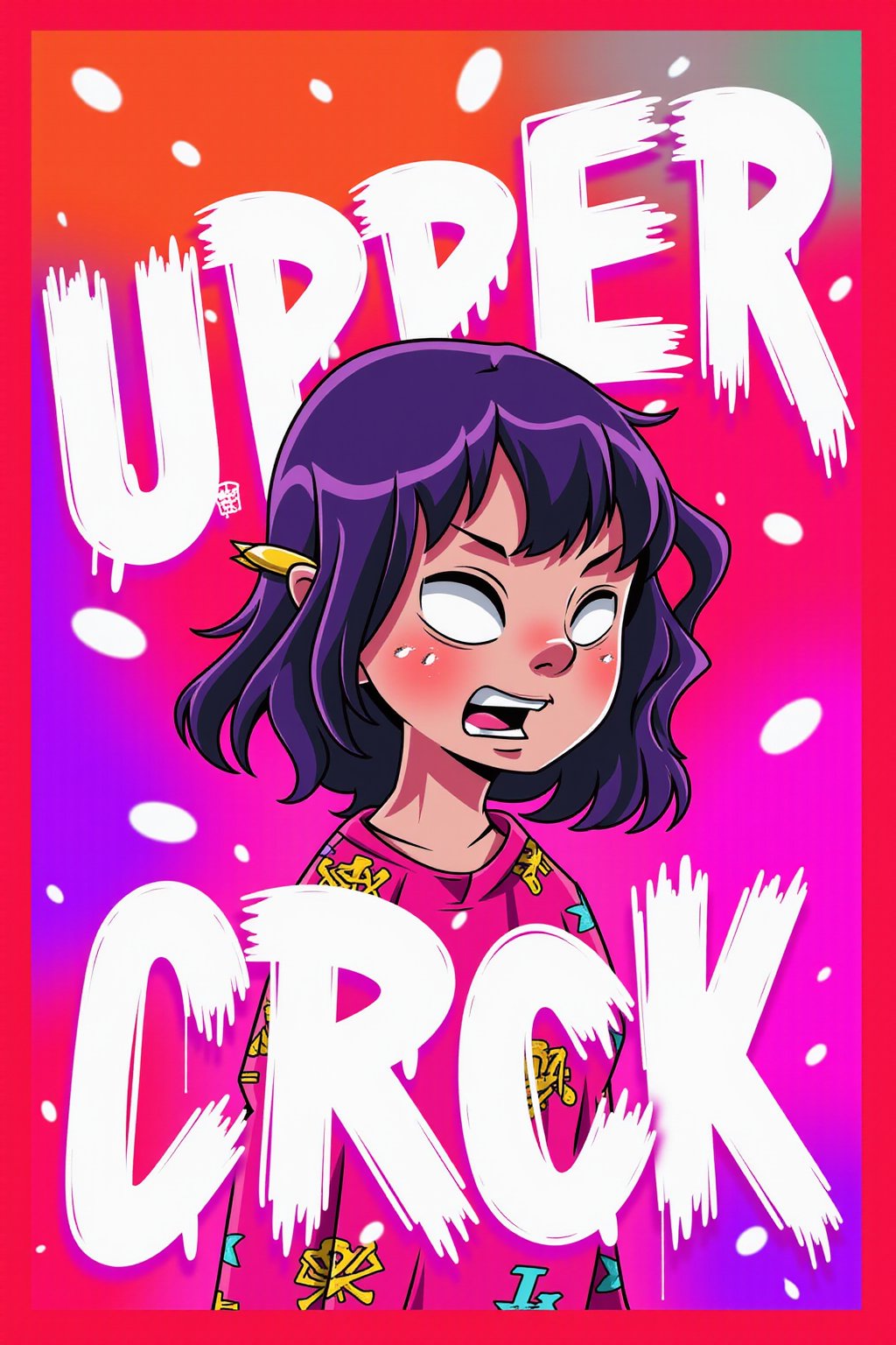 image of a woman in a vibrant poster with the word "UPPER" written in bold white letters. The word "CRCK" is written in a bold white font. The background of the poster is in bright colors, and there are small white bubbles floating around the text. The letters are outlined in white.