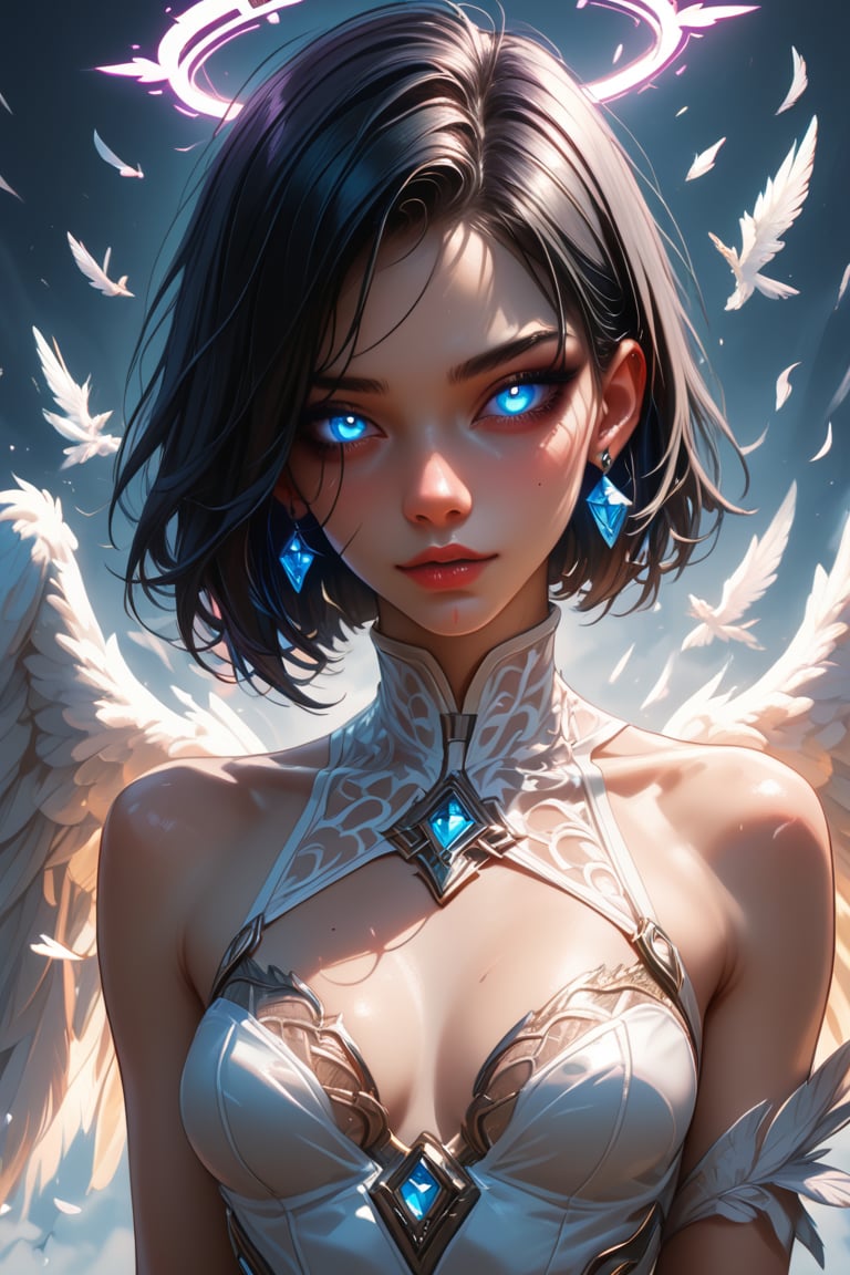 4n1v3rs3, score_9, score_8_up, score_7_up,
, break,solo, wings, glowing, 1girl, glowing eyes, black hair, looking at viewer, short hair, portrait, blue eyes, mask, feathered wings, angel wings, angel, white wings, halo, earrings, jewelry
break,Magic Style