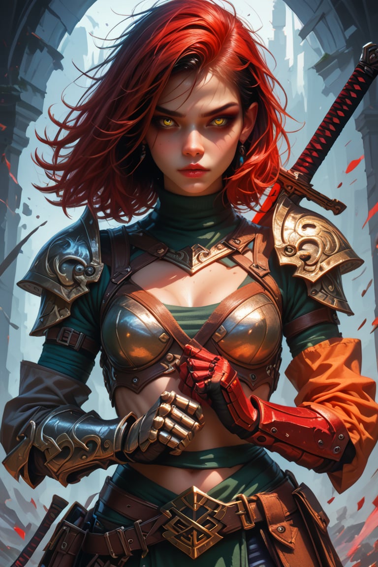 4n1v3rs3, score_9, score_8_up, score_7_up,
, break,Magic Style, break, ((full body)) ,break,weapon, sword, holding, solo, holding weapon, looking at viewer, holding sword, yellow eyes, armor, 1girl, black hair, realistic, portrait, red hair,  gauntlets