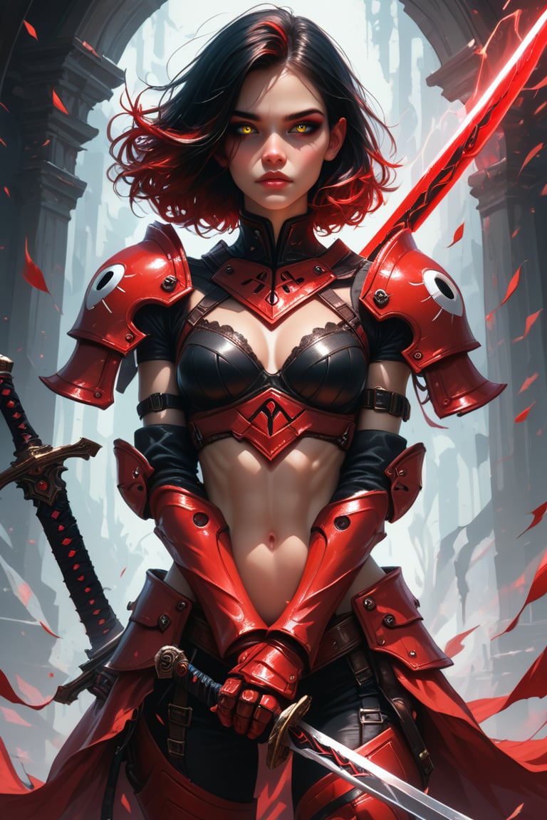 4n1v3rs3, score_9, score_8_up, score_7_up,
, break,Magic Style, break, (full body) ,break,weapon, sword, holding, solo, holding weapon, looking at viewer, holding sword, yellow eyes, armor, 1girl, black hair, realistic, portrait, red hair, close-up, gauntlets