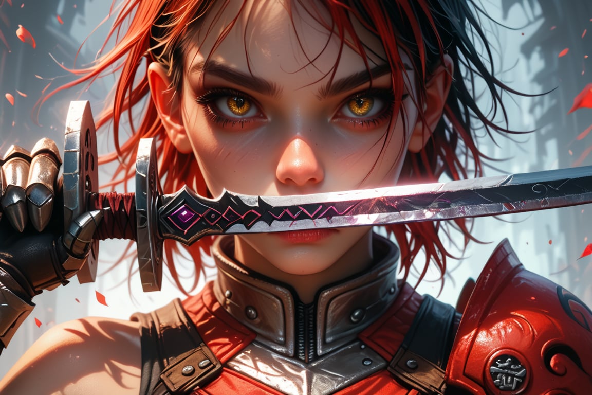 4n1v3rs3, score_9, score_8_up, score_7_up,
, break,Magic Style, break weapon, sword, holding, solo, holding weapon, looking at viewer, holding sword, yellow eyes, armor, 1girl, black hair, realistic, portrait, red hair, close-up, gauntlets