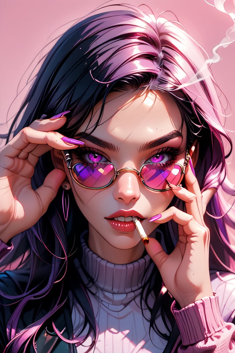 4n1v3rs3, score_9, score_8_up, score_7_up,
, break,N1girl, solo, cigarette, looking at viewer, parted lips, sunglasses, adjusting eyewear, holding, fingernails, tinted eyewear, purple-tinted eyewear, nail polish, portrait, pink-tinted eyewear, lips, looking over eyewear, long hair, glasses, smoke, hands up, close-up, black hair, purple nails, holding cigarette, round eyewear, pink background, smoking, teeth, long fingernails
break,Magic Style