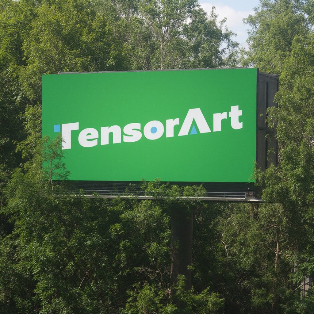 big green billboard with white tensorart_logo at forest