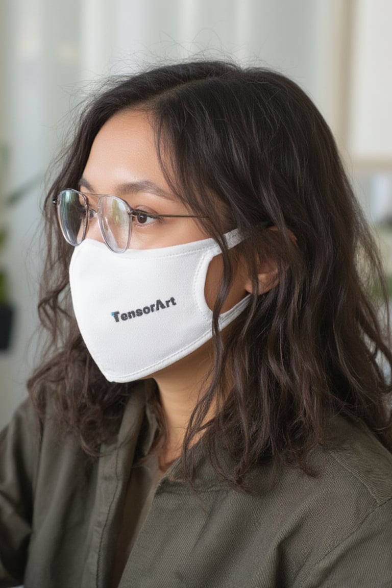 woman wearing a face white mask with black tensorart_logo on it, at office