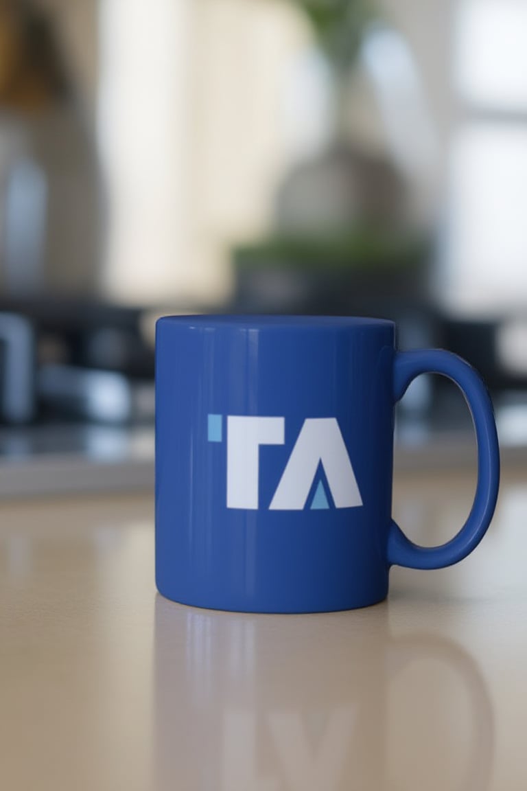 blue ceramic mug on the desk with white ta_logo, bokeh
