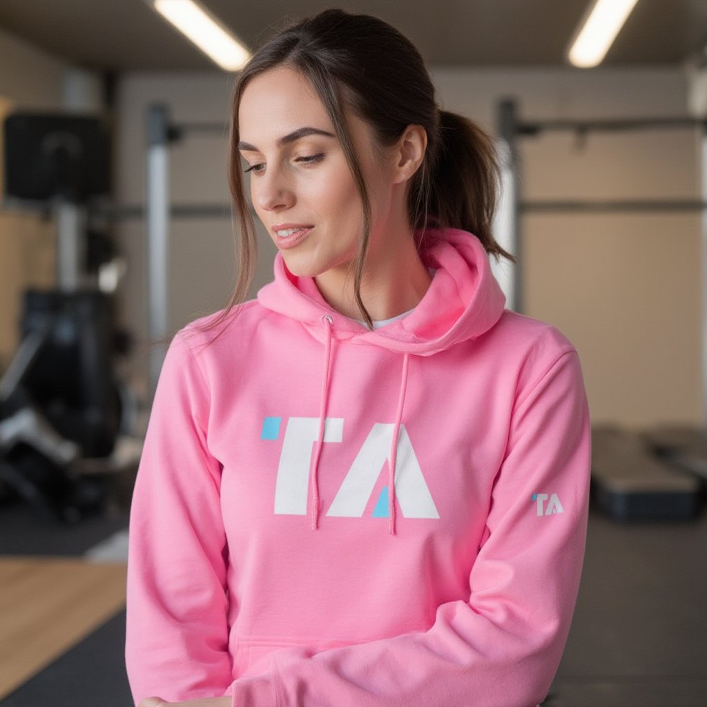 Brunette woman wearing pink hoodie with white ta_logo on gym