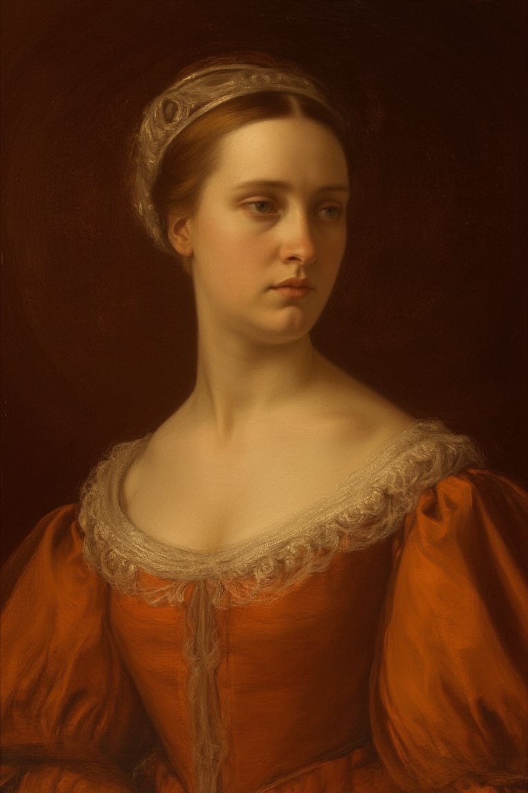 A serene young woman, dressed in elegant attire, sits majestically against a richly hued backdrop, reminiscent of 17th century Dutch Masters. Her porcelain skin glows with a soft, golden light, as if illuminated by the warm rays of a sunlit window. Brushstrokes blend seamlessly, evoking the textured, oil-on-canvas style of classic painting.