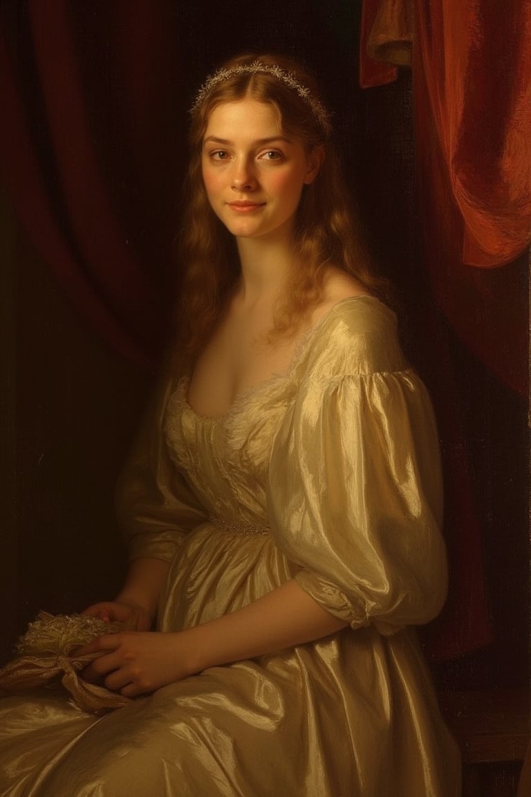 A serene young woman, dressed in elegant attire, sits majestically against a richly hued backdrop, reminiscent of 17th century Dutch Masters. Her porcelain skin glows with a soft, golden light, as if illuminated by the warm rays of a sunlit window. Brushstrokes blend seamlessly, evoking the textured, oil-on-canvas style of classic painting.