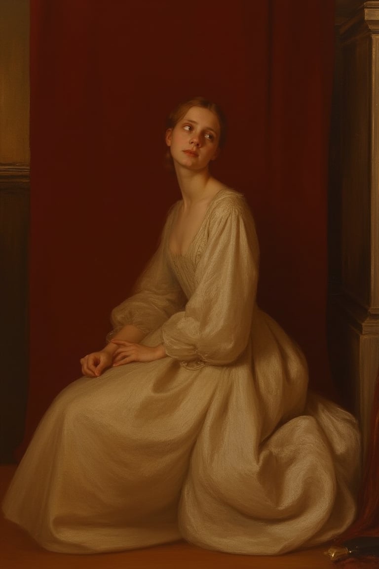 A serene young woman, dressed in elegant attire, sits majestically against a richly hued backdrop, reminiscent of 17th century Dutch Masters. Her porcelain skin glows with a soft, golden light, as if illuminated by the warm rays of a sunlit window. Brushstrokes blend seamlessly, evoking the textured, oil-on-canvas style of classic painting.