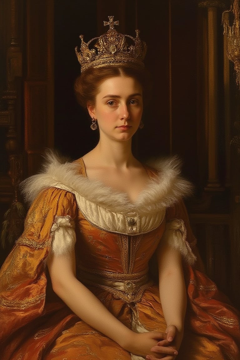 A regal portrait of a young queen, adorned with a crown and lavish attire, seated majestically on an ornate throne. Soft golden light from the left bathes her porcelain complexion in a warm glow. The bold, expressive brushstrokes evoke a timeless oil-on-canvas masterpiece. Her direct gaze exudes confidence and authority, while rich fabrics and intricate details in the opulent background frame her stately presence.