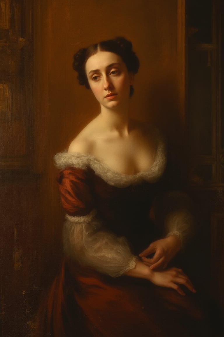 A serene young woman, dressed in elegant attire, sits majestically against a richly hued backdrop, reminiscent of 17th century Dutch Masters. Her porcelain skin glows with a soft, golden light, as if illuminated by the warm rays of a sunlit window. Brushstrokes blend seamlessly, evoking the textured, oil-on-canvas style of classic painting.