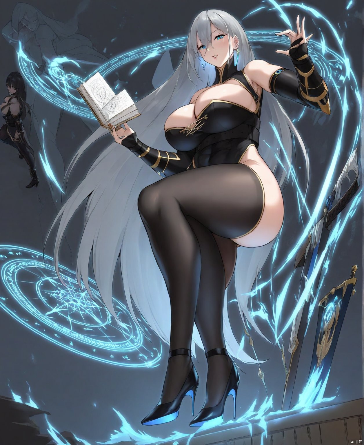 solo,highly detailed,(best quality),((masterpiece)),1girl,long hair, looking at viewer, simple background,Dawalixi, high heels, 1girl, breasts, magic circle, earrings, jewelry, long hair, magic, holding, thighhighs, book, blue eyes, weapon, leotard, covered navel, bare shoulders, parted lips, very long hair, thighs, muscular, fingernails, black footwear, black leotard, sword, single earring, cleavage, black gloves, blue footwear, black nails, elbow gloves, smile, ass, thick thighs, hair between eyes, grey hair, large breasts, very long fingernails, bangs, gloves, black thighhighs, huge breasts, open book, bridal gauntlets