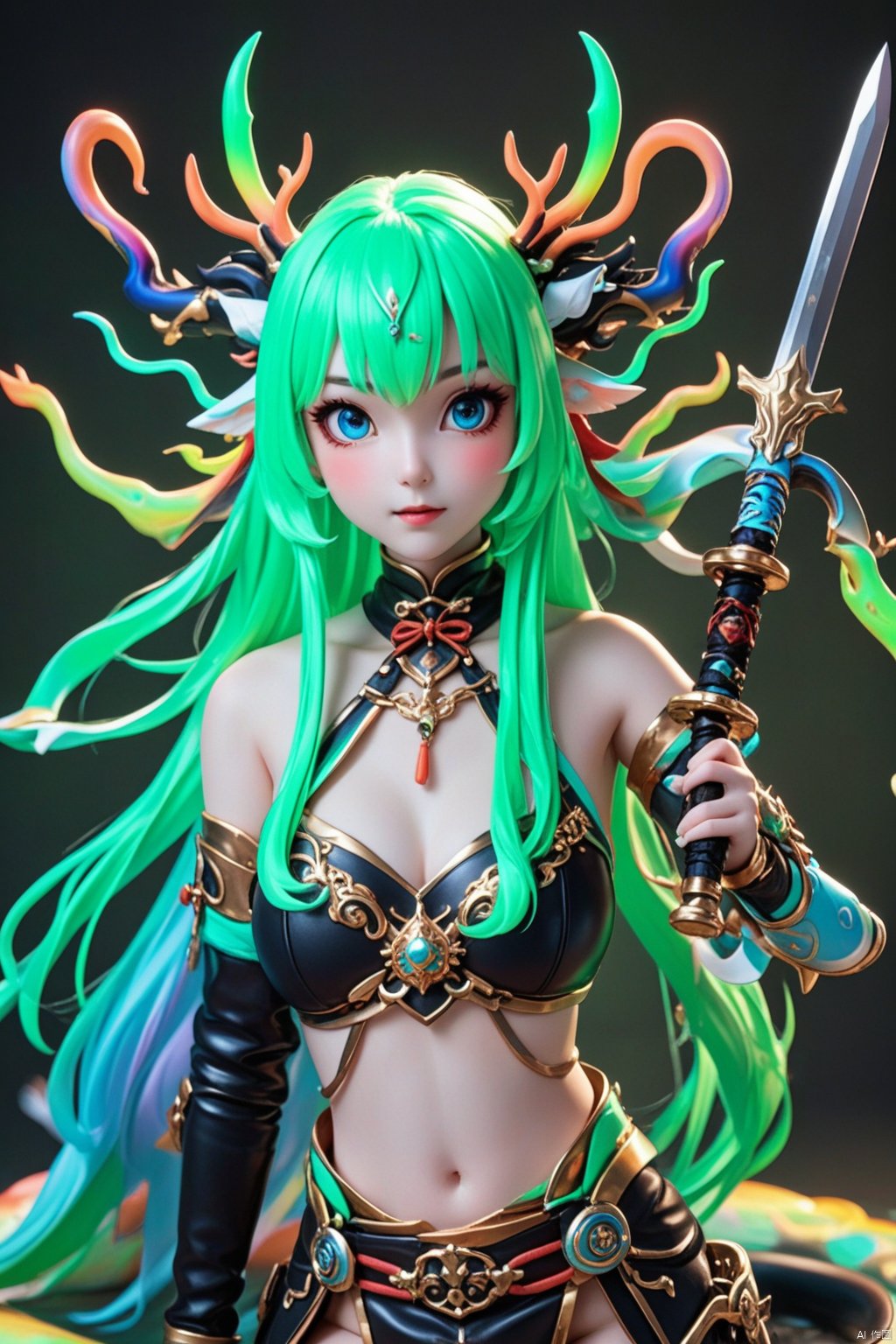 HD 8K, 
1girl, solo, long hair, weapon, sword, very long hair, green hair, blue eyes, full body, multicolored hair, makeup, bare shoulders, snake, looking at viewer, blunt bangs, antlers, lipstick, aqua hair, gradient hair, horns