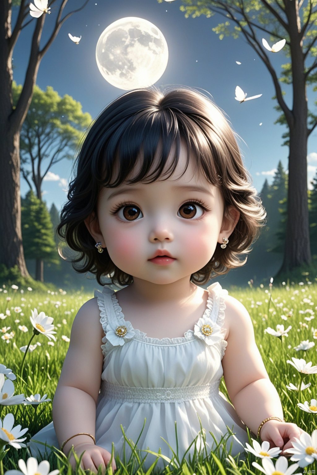 HD 8K, 
1girl, flower, solo, jewelry, earrings, short hair, looking at viewer, dress, black hair, outdoors, moon, lips, white dress, tree, full moon, white flower, brown eyes, grass, eyelashes, bangs, child, parted lips, night, female child, sleeveless, stud earrings, day