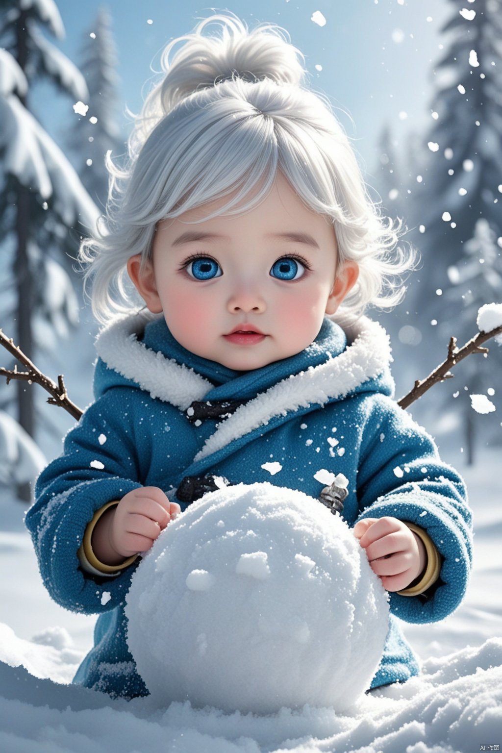 HD 8K, 
1girl, snow, solo, snowman, blue eyes, short hair, looking at viewer, realistic, white hair, winter, snowing, coat, child