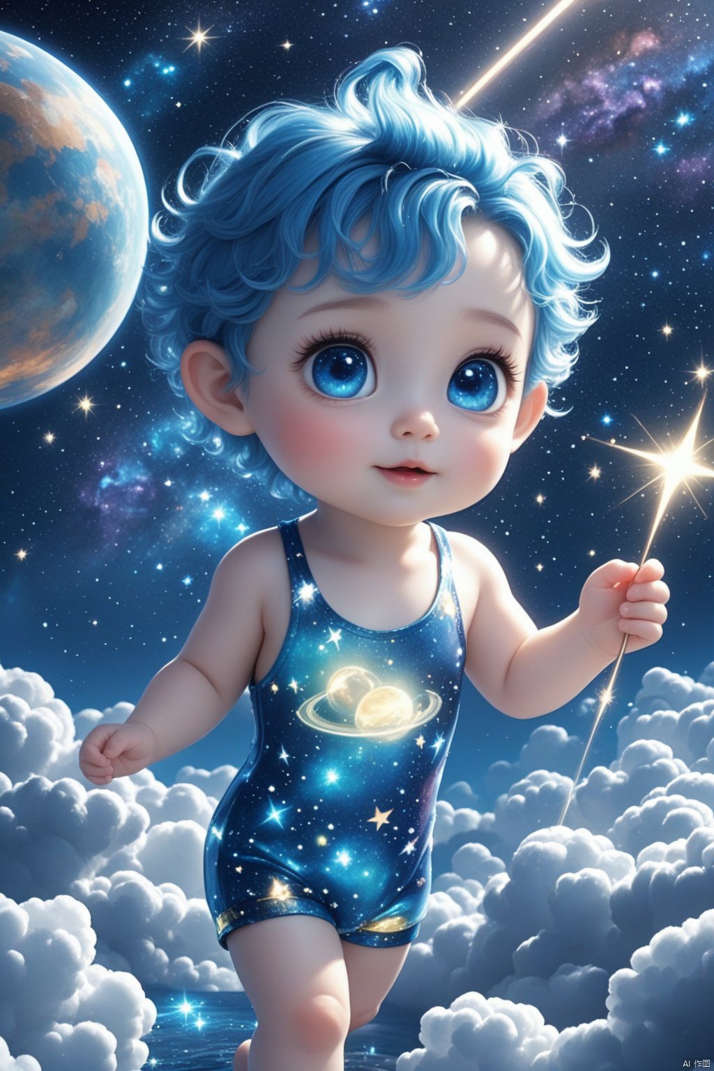 HD 8K, 
blue eyes, solo, blue hair, planet, barefoot, star \(sky\), cloud, star \(symbol\), looking at viewer, sky, full body, sparkle, shooting star, watermark, wand