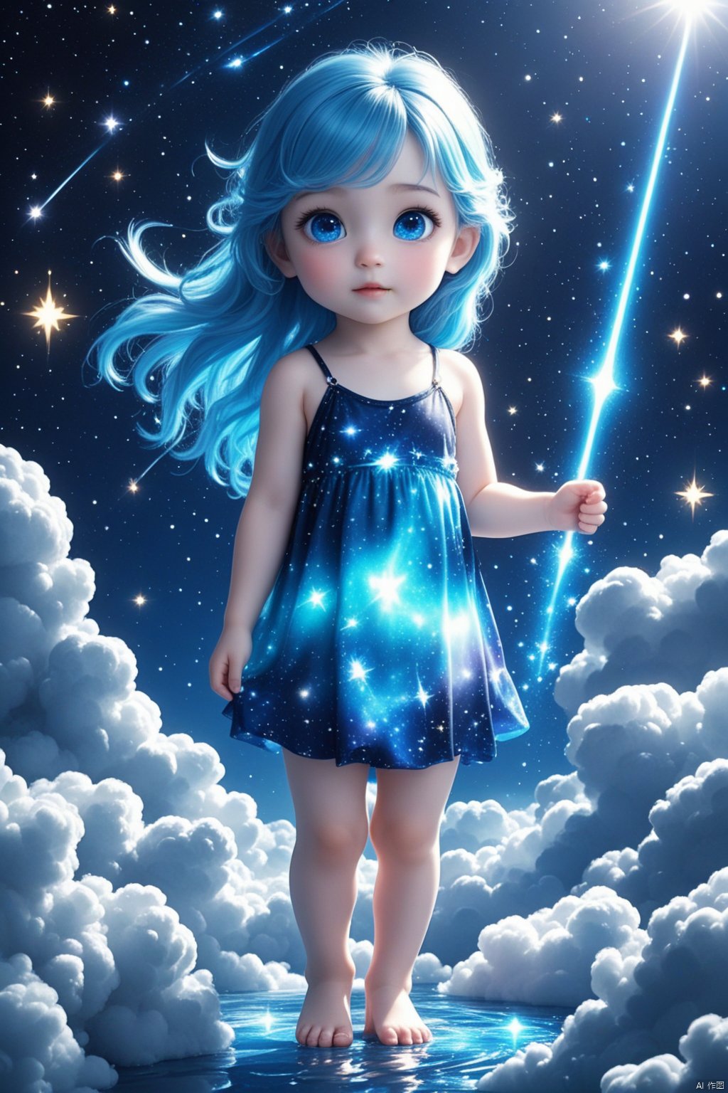 HD 8K, 
blue eyes, solo, blue hair, planet, barefoot, star \(sky\), cloud, star \(symbol\), looking at viewer, sky, full body, sparkle, shooting star, watermark, wand