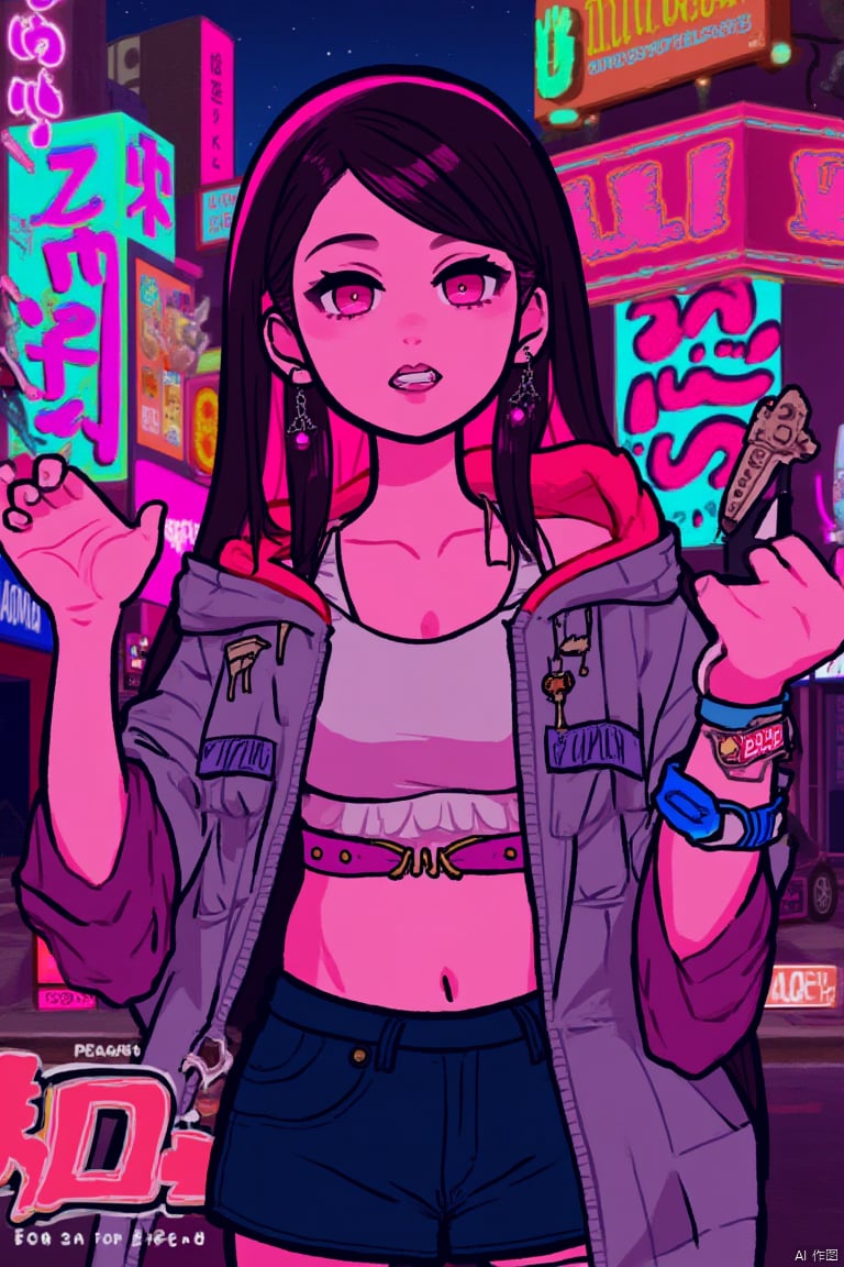 (masterpiece:1.2),Highest quality,PIXIV,Rebellious girl,One girl,Open your mouth,sharp,sharp,teeth,Long Hair,Street background,gem,badge,Bad,Food,Pink Eyes,Earrings,Jack,et eyelash,Food Characters,star (symbol colzel),in color,Stickers,upper clothes hoodie,smile,spike,Focus on the viewer,Changyi tongue,Chest in the center,Shoulder Bare,Belly button,Colorful hair colors,leaning forward,Cyberpunk city,Night view,