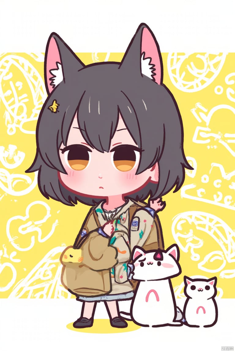 (solo:1.3),yuan_doodlestyle,1girl,bag,black hair,cat,backpack,animal ears,hair ornament,standing,full body,chibi,hood,doodle in the background,anime style,ultra detailed,official art,unity 8k wallpaper,,yuan_doodlestyle,