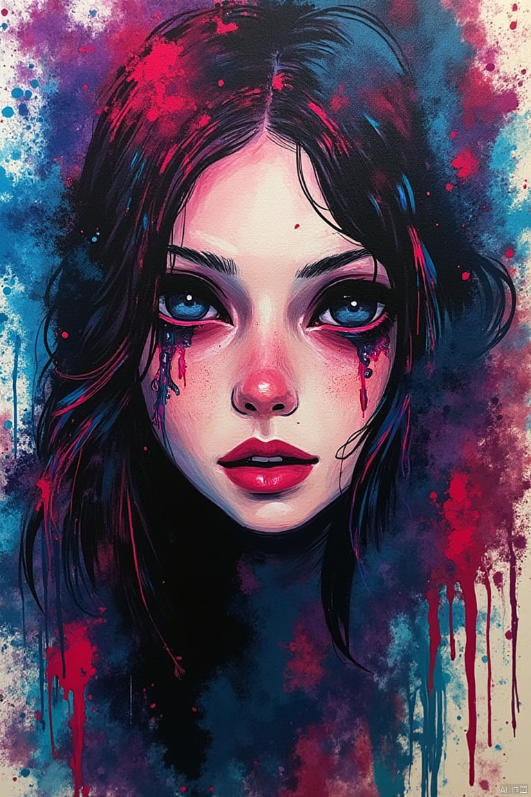 a mixed media abstract artwork of a strange woman with striking eyes and long hair,highly detailed eyes,(fine art),(splashes and splatters of paint in nebula colors on the canvas 1.2),[thick, wet,shiny dripping paint],ink,pencil shading,award winning,(perfect composition),(nebula:0.5),(galaxy:0.5),