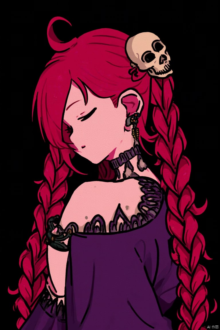 (best quality),((masterpiece)),(highres),illustration,original,extremely detailed,,1girl,solo,red hair,hair ornament,long hair,flower,closed eyes,hair flower,jewelry,twintails,dress,earrings,skull hair ornament,very long hair,skull,bracelet,simple background,black background,