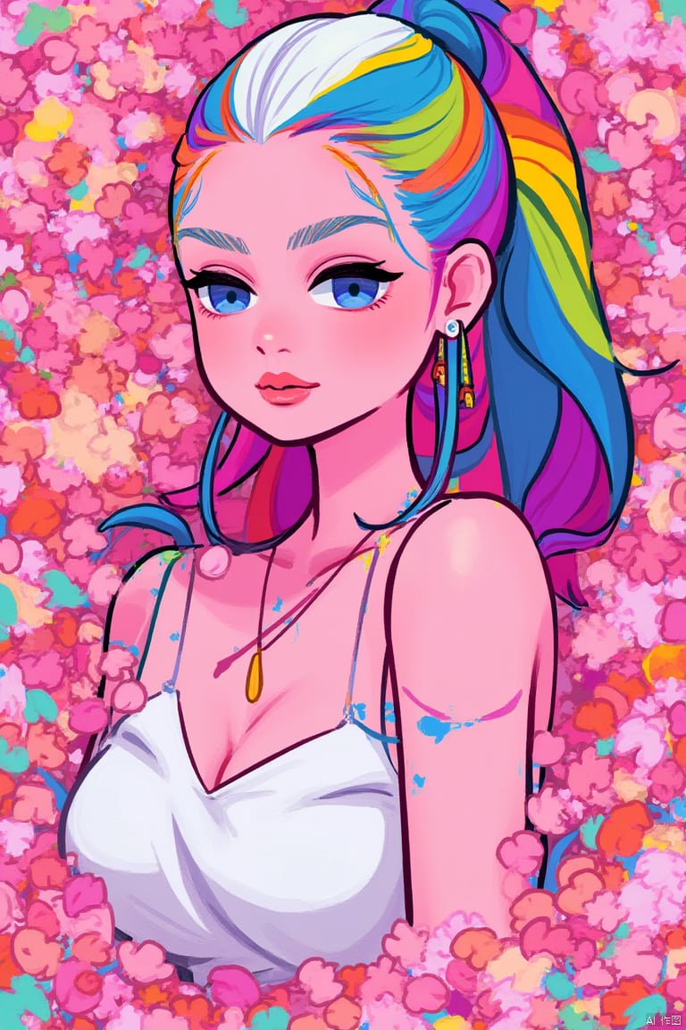 (Pink Fashion T-shirt:1.9),(Colorful hair: 1.8), (all the colours of the rainbow: 1.8),(((((vertical painting:1.6))), (painting:1.6),front, comics, illustrations, paintings, large eyes, crystal clear eyes,( rainbow color gradient high ponytail:1.7), exquisite makeup, closed mouth,(Small Fresh: 1.5),(Wipe Chest: 1.6) ,long eyelashes, white off shoulder T-shirt, White Shoulder Shirt,looking at the audience, large watery eyes, (rainbow colored hair:1.6), color splash, (solo:1.8), color splash, color explosion, thick paint style, messy lines, ((shining)),(colorful), (colorful), (colorful), colorful, Thick Paint Style, (Splash) (Color Splash), Vertical Painting, Upper Body, Paint Splash, Acrylic Pigment, Gradient, Paint, Highest Image Quality, Highest Quality, Masterpiece, Solo, Depth of Field, Face Paint, colorful clothes, (Elegant: 1.2), gorgeous,long hair, wind, (Elegant: 1.3), (Petals: 1.4),(((masterpiece))),(((best quality))),((ultra-detailed)),(illustration),(dynamic angle),((floating)),(paint),((disheveled hair)),(solo),(1girl) , (((detailed anima face))),((beautiful detailed face)),collar,bare shoulders,white hair, ((colorful hair)),((streaked hair)),beautiful detailed eyes,(Gradient color eyes),(((colorful eyes))),(((colorful background))),(((high saturation))),(((surrounded by colorful splashes))), 

