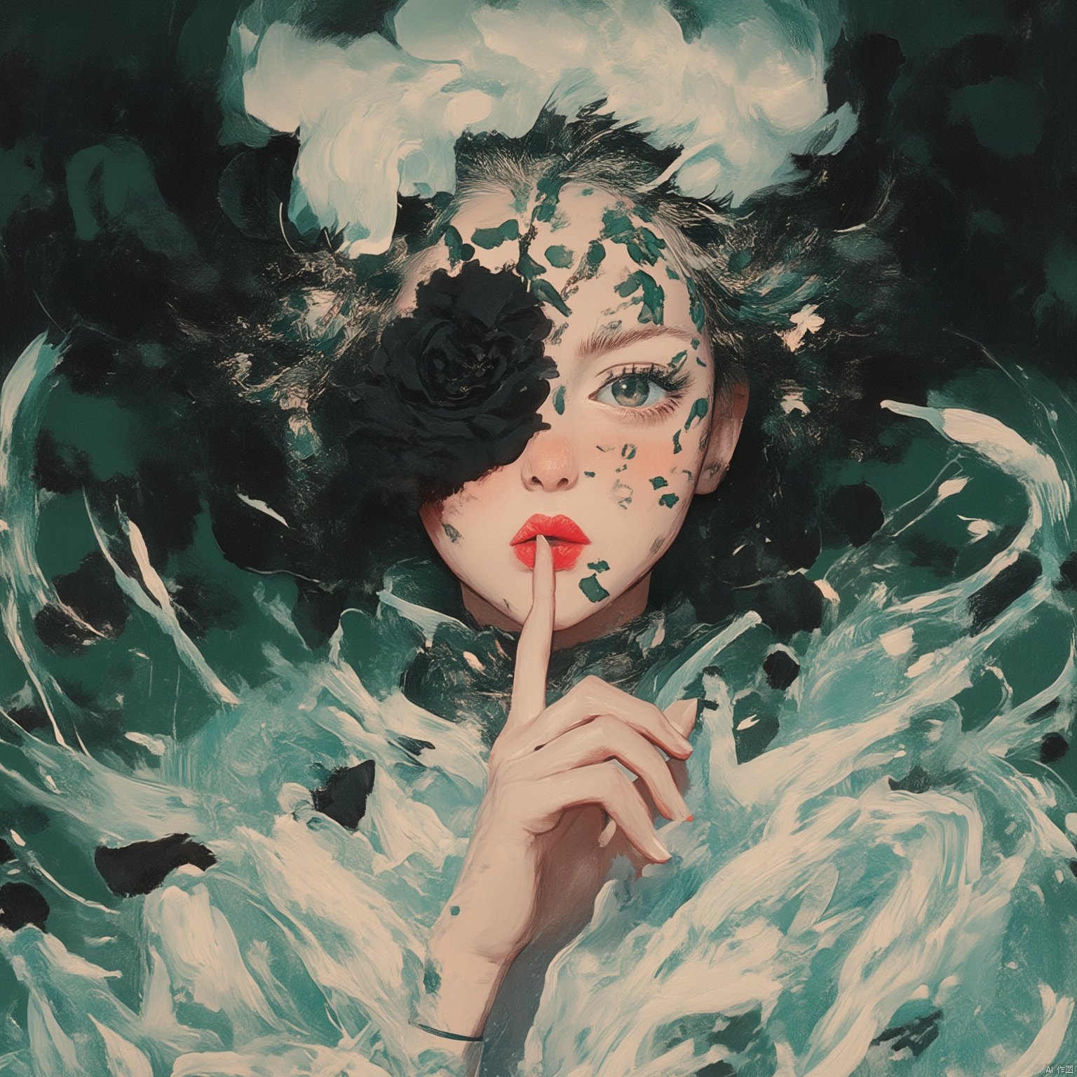 watercolor style,An Acrylic style painting that is expressive, gives it a dynamic and emotional quality. Anime art of a stylized portrait of a woman with a ethereal black and green mist surrounding her body. The mist creates a dramatic and surreal effect. A black flower, that is blooming, covering one eye, attached to the face. The woman has a cold aesthetic, complimented by her white hair. Anime art of woman draped in shadows with a lighting that enhances her unique features. The background is dark green, filled with black rose petals. Holding finger to lips, shush, shushing motion,.,Winslow Homer style