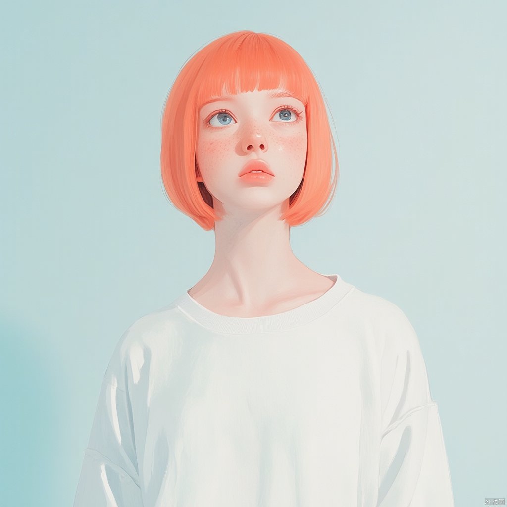 The image features a female subject with a striking and stylized appearance, standing against a soft, pale blue background. She has a distinct orange bob haircut and a contemplative or distant expression on her face, with her eyes gazing slightly upwards. She is wearing a plain white sweatshirt, which contrasts with her bright hair and pale skin. Notably, her skin is dotted with freckles, adding to the realism and texture of the image. The overall mood appears serene and somewhat introspective, emphasized by the minimalist styling and the soft lighting that casts gentle shadows on the subject's face.