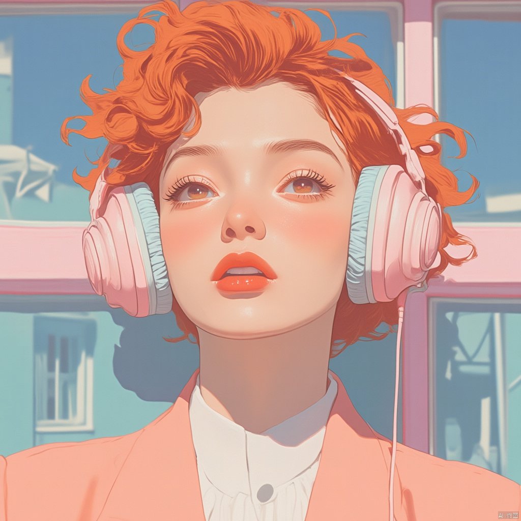 fashion portrait,Close-up portrait a asian woman with red hair wearing headphones in front of a window, inspired by Oleg Oprisco, trending on pexels, toned orange and pastel pink, mary jane ansell, bright sunny day, in a rooftop, hugh kretschmer, curl noise