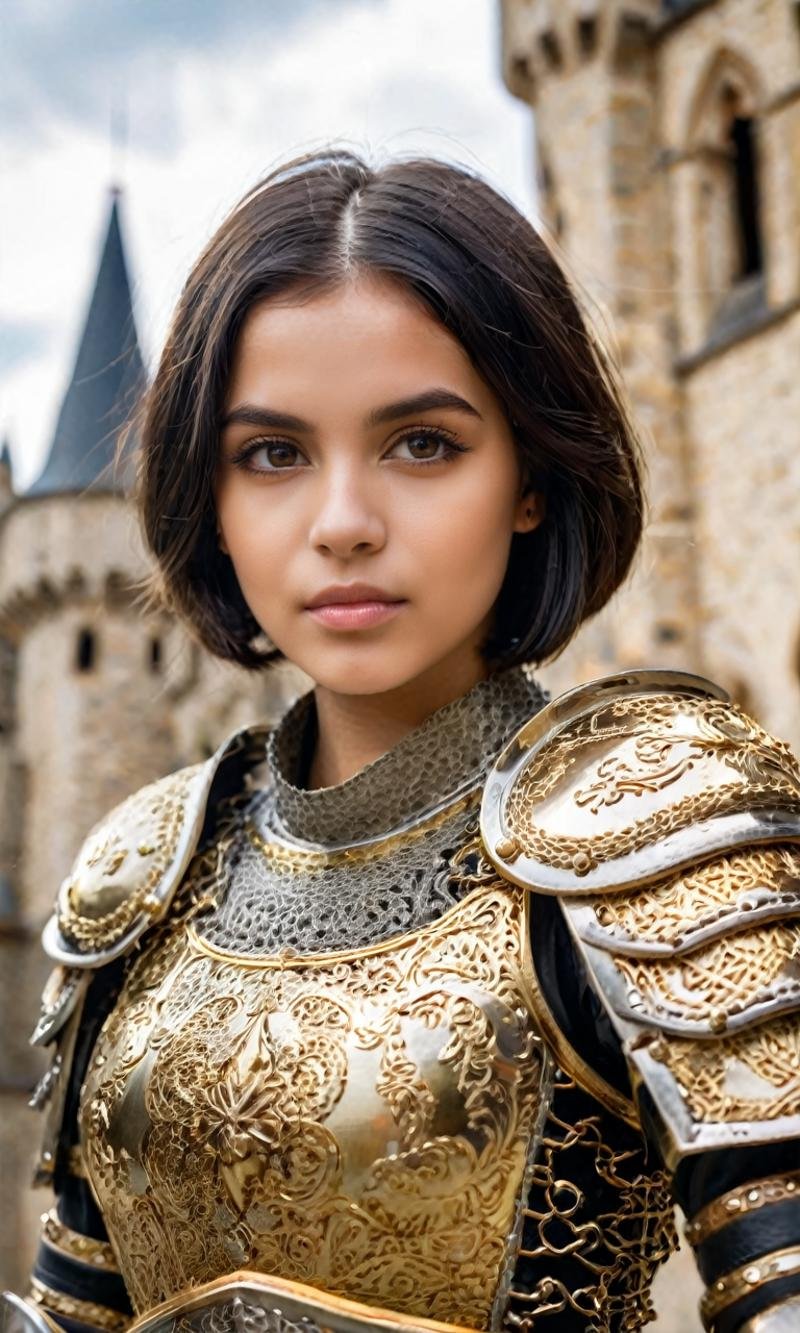 raw photo, fashion photography of cute (cute portrait of a Romanian-girl), perfect bobbed black hair, in high detailed medieval gold armor, intricate ornate weaved gold filiegree, metal gold reflections, high detailed chainmail, upper body, outdoors, professional photograph, award winning photography, softlight passing through hair, (far away castle background), (Sharp focus), (random background), depth of field, morbid(extremely intricate:1.3)