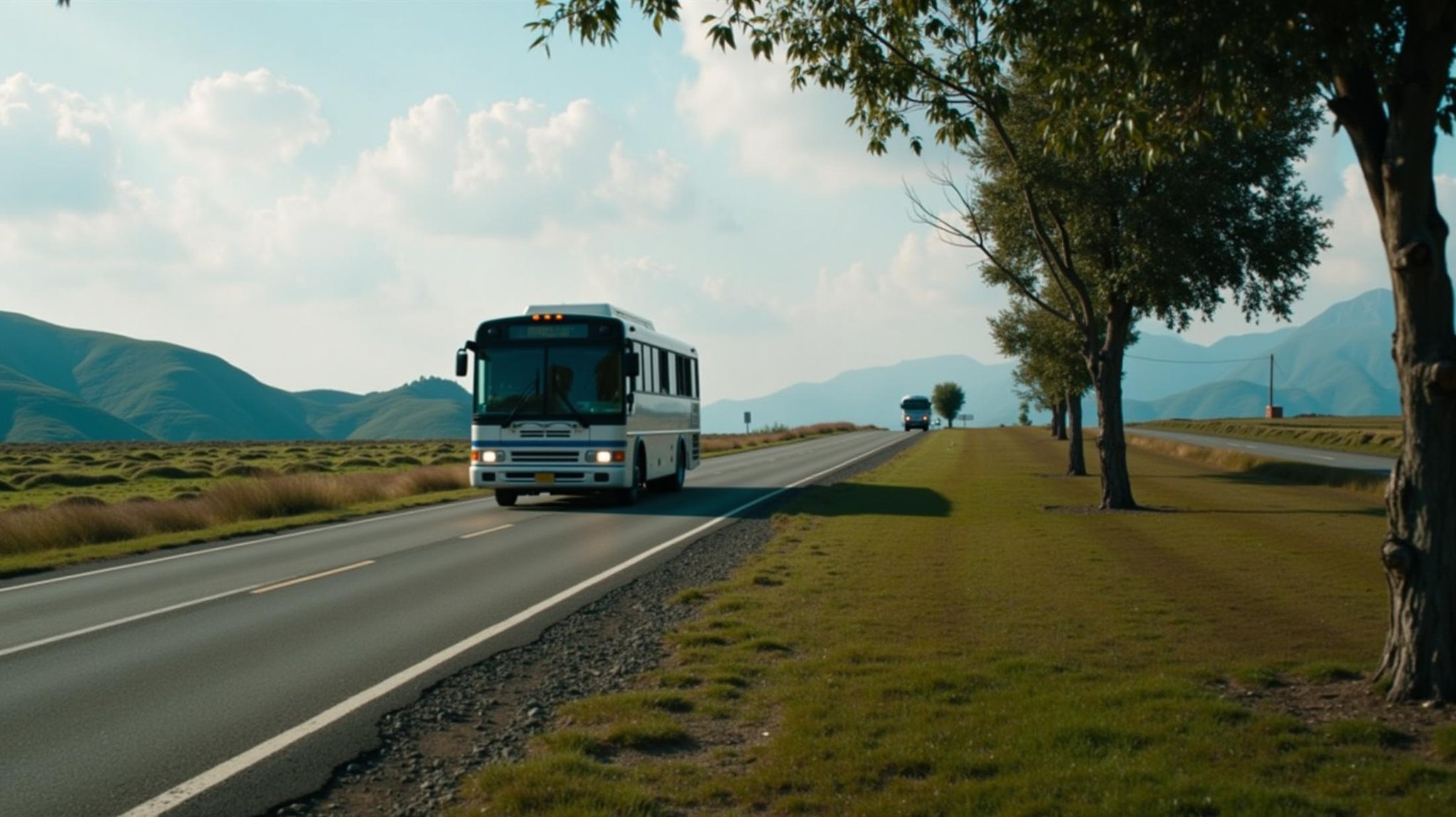 cinematic film still  <lora:deep focus style v1:1>In deep focus style a bus driving down a road next to a tree in daylight, sharp edges, detailed background, cinematic style, f5.6, deep focus style, outdoors, sky, day, tree, no humans, ground vehicle, nature, scenery, motor vehicle, mountain, car, vehicle focus, train, cloud, grass, railroad tracks . shallow depth of field, vignette, highly detailed, high budget, bokeh, cinemascope, moody, epic, gorgeous, film grain, grainy