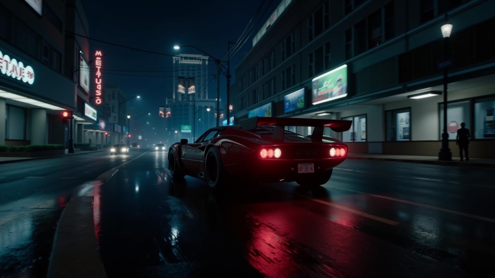 cinematic film still  <lora:deep focus style v1:1>In deep focus style a sci fi car driving down a futuristicstreet at night, sharp, detailed background, cinematic style, f5.6, deep focus style, outdoors, no humans, night, ground vehicle, building, scenery, motor vehicle, reflection, science fiction, rain, city, sign, car, road, street, cyberpunk, neon lights, lamppost, puddle, lights . shallow depth of field, vignette, highly detailed, high budget, bokeh, cinemascope, moody, epic, gorgeous, film grain, grainy