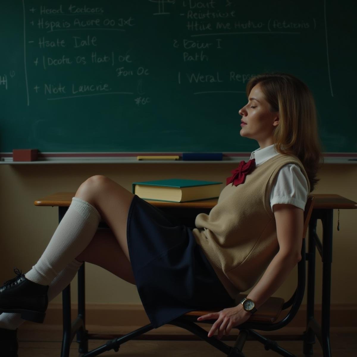 cinematic film still  <lora:deep focus style v1:1> (sharp edges), In deep focus style a profile of a mature woman in schoolgirl outfit is laying on a chair in front of a chalkboard, sharp, detailed background, cinematic style, f5.6, deep focus style, solo, skirt, 1boy, bow, sitting, closed eyes, shoes, socks, kneehighs, chair, realistic, classroom, chalkboard, indoors, vest, desk, school uniform, sweater vest . shallow depth of field, vignette, highly detailed, high budget, bokeh, cinemascope, moody, epic, gorgeous, film grain, grainy