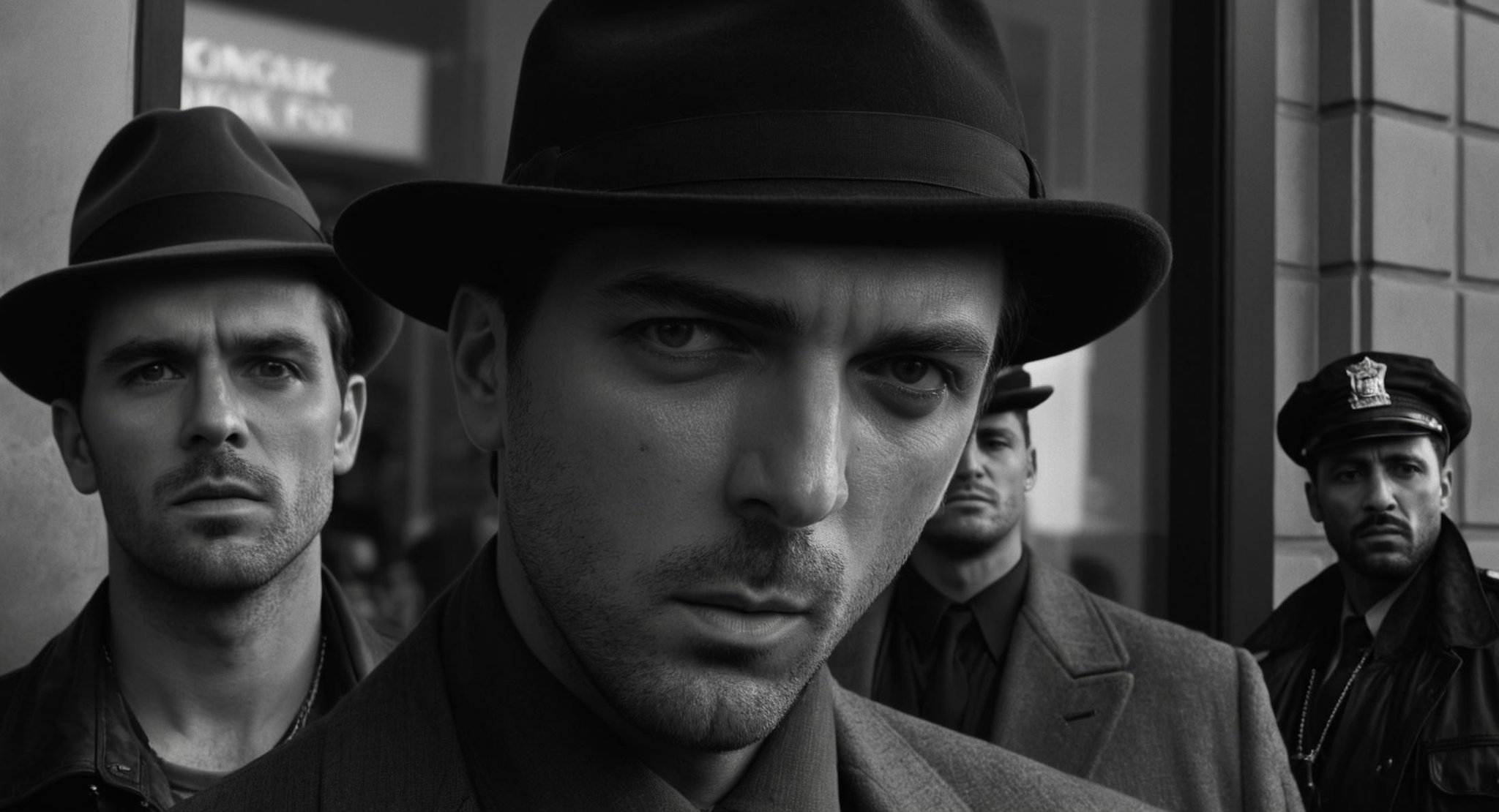 cinematic film still of  <lora:Split Diopter style:1>Split image focus of a closeup of a man is standing in front of camera with a stare look on his face,in front of two gangster men in background shooting with guns at a bank door,Split Diopter style,hat,holding,jacket,monochrome,weapon,greyscale,male focus,multiple boys,2boys,gun,smoke,realistic,nearsighted,farsighted,split,split focus,focus,sharp focus,deep focus,Split focus,split screen , artistic, Kodak, dramatic light, dramatic shadow light, contrast, saturated color, cinematic, filmic, motion picture, realistic, realism, perfection, perfect, deep focus, clean image, wide screen, detailed image, cinematic, deep space composition, shallow depth of field, vignette, highly detailed, high budget, bokeh, cinemascope, moody, epic, gorgeous, film grain, grainy